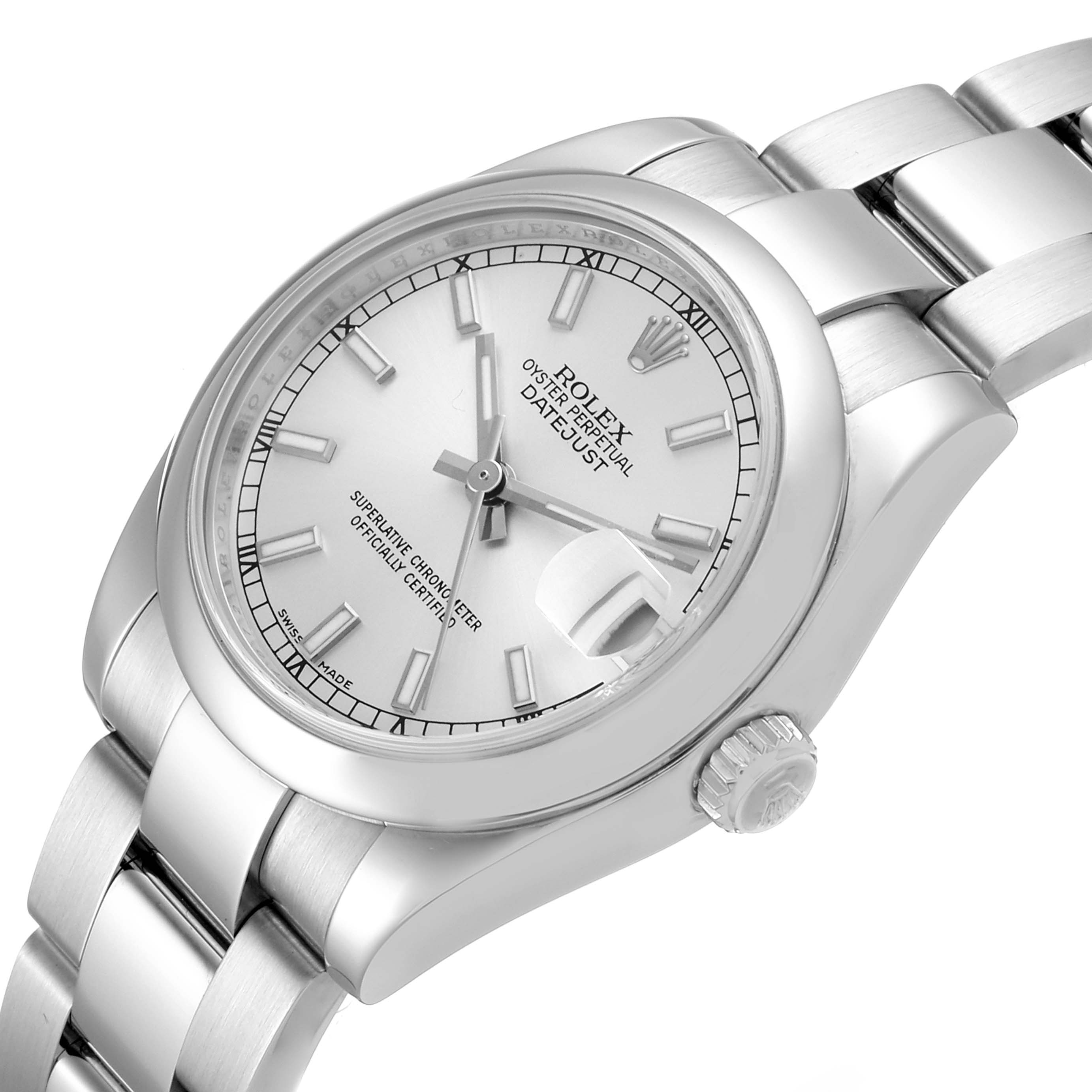 The image shows a close-up, angled view of the face and bracelet of a Rolex Mid-Size 178240 Women's Stainless Steel Silver Dial 178240 Women's Stainless Steel Silver Dial Datejust watch.