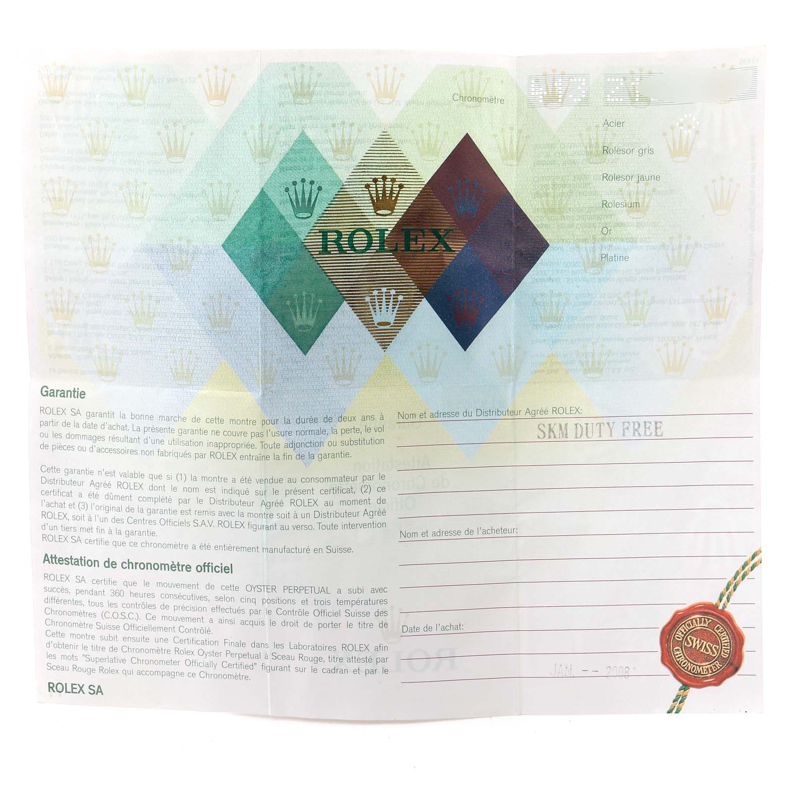 The image shows a warranty certificate for a Rolex Mid-Size 178240 Women's Stainless Steel Silver Dial 178240 Women's Stainless Steel Silver Dial model, detailing guarantee terms and verification seal.