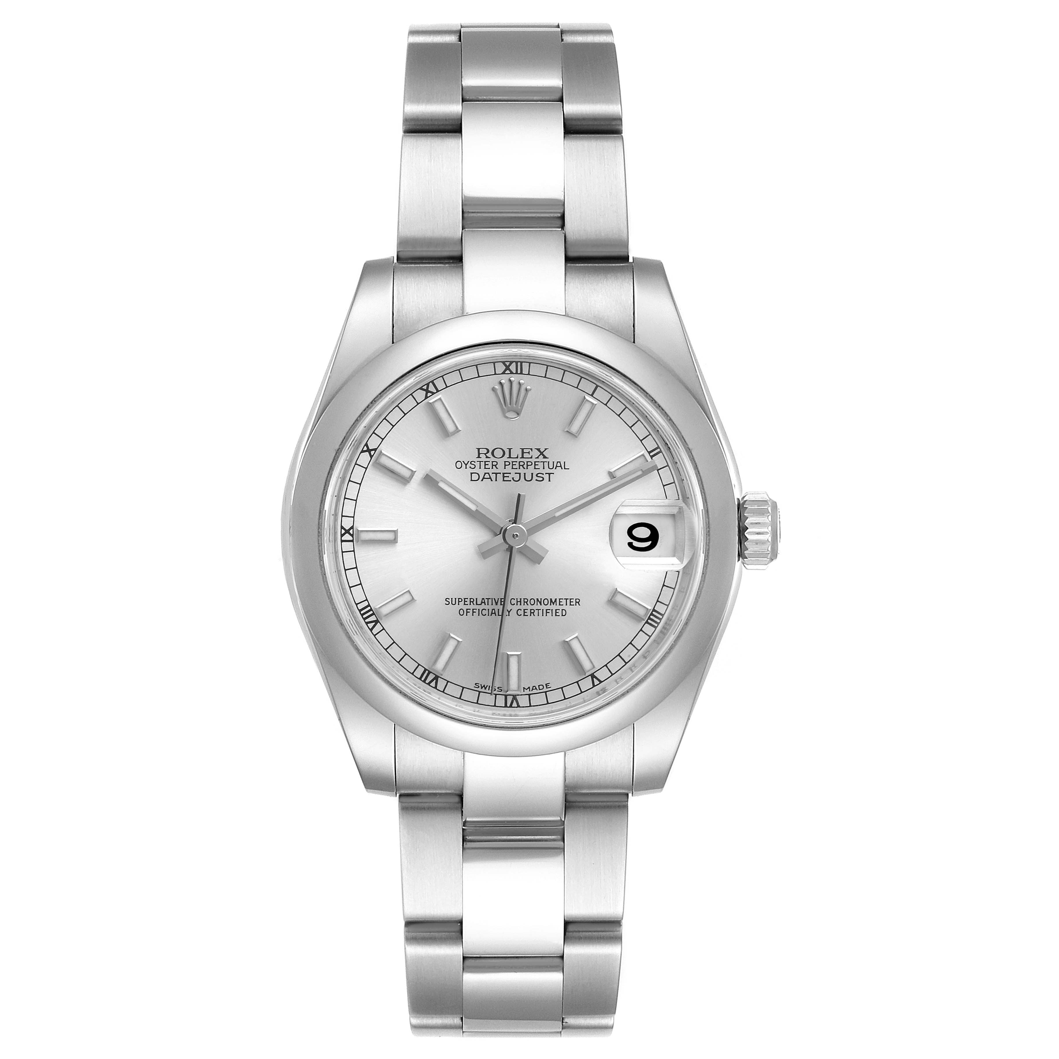 This image shows a front view of a Rolex Oyster Perpetual Datejust Mid-Size watch with a silver dial and metal bracelet.