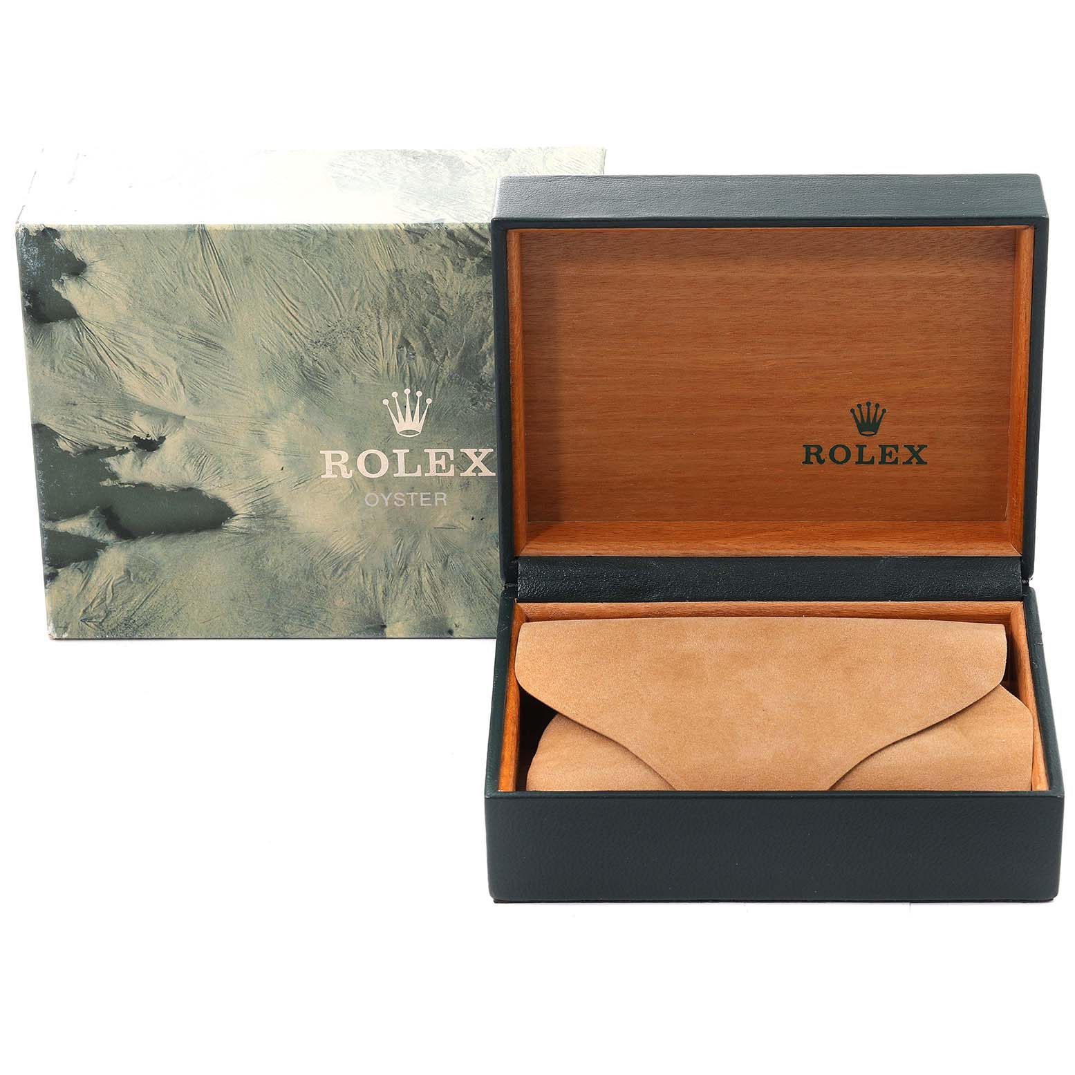 The image shows an open Rolex Oyster Mid-Size watch box with a suede pouch inside, next to its outer box.
