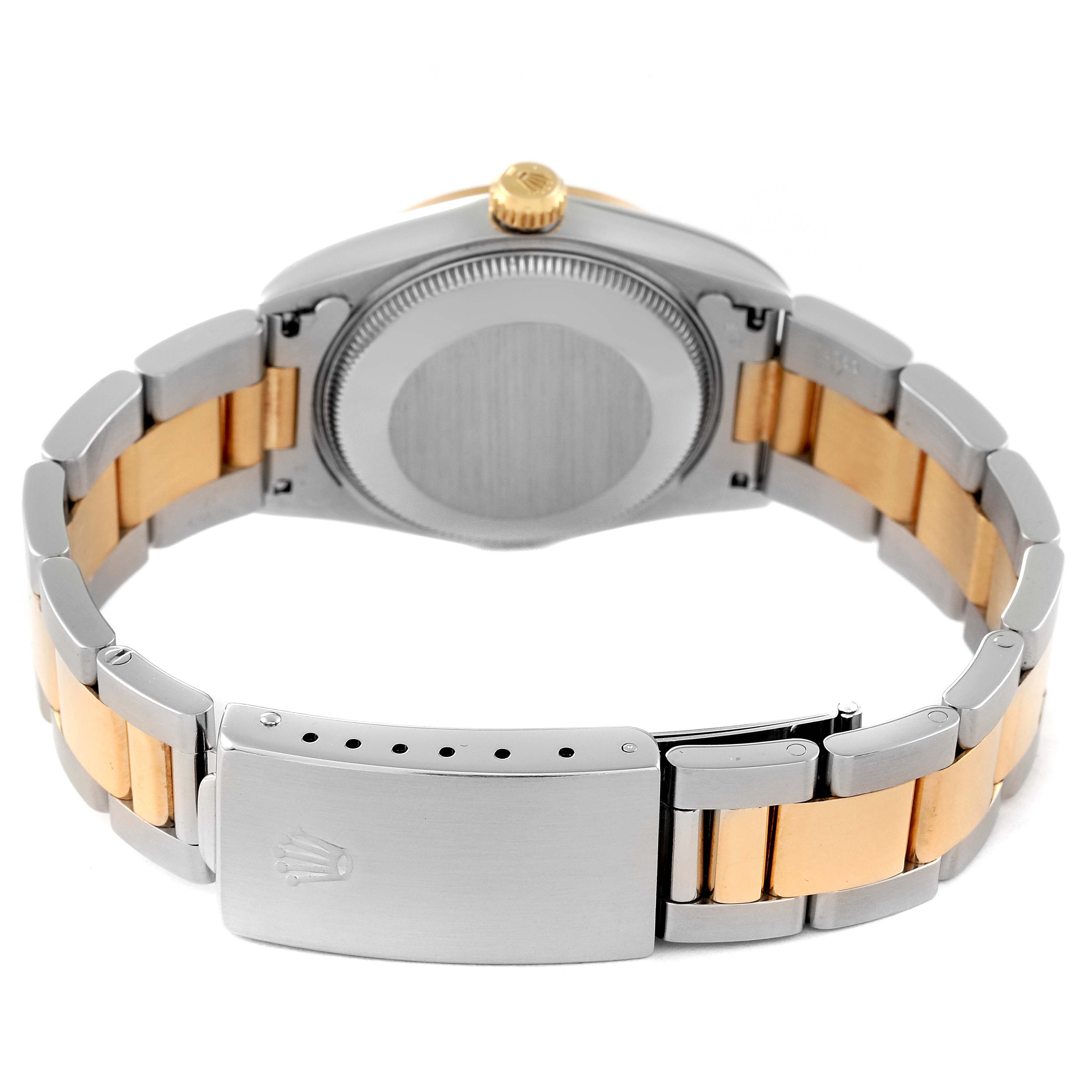 The image shows the back and clasp of a two-tone Mid-Size Rolex watch, highlighting the bracelet and caseback.