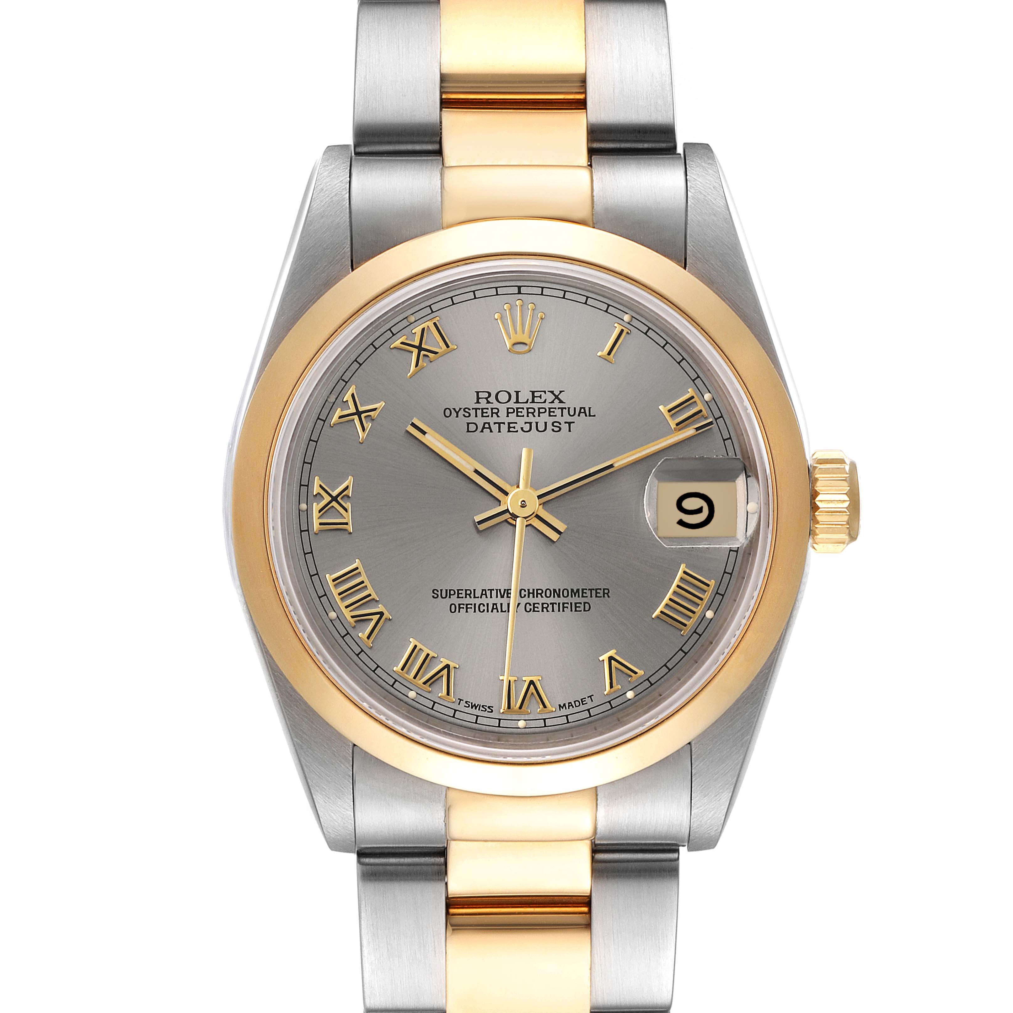 The Rolex Mid-Size 68243 Women's Steel and Gold (two tone) Silver Dial 68243 Women's Steel and Gold (two tone) Silver Dial Oyster Perpetual Datejust watch is shown from a front angle displaying the dial, bracelet, and bezel.