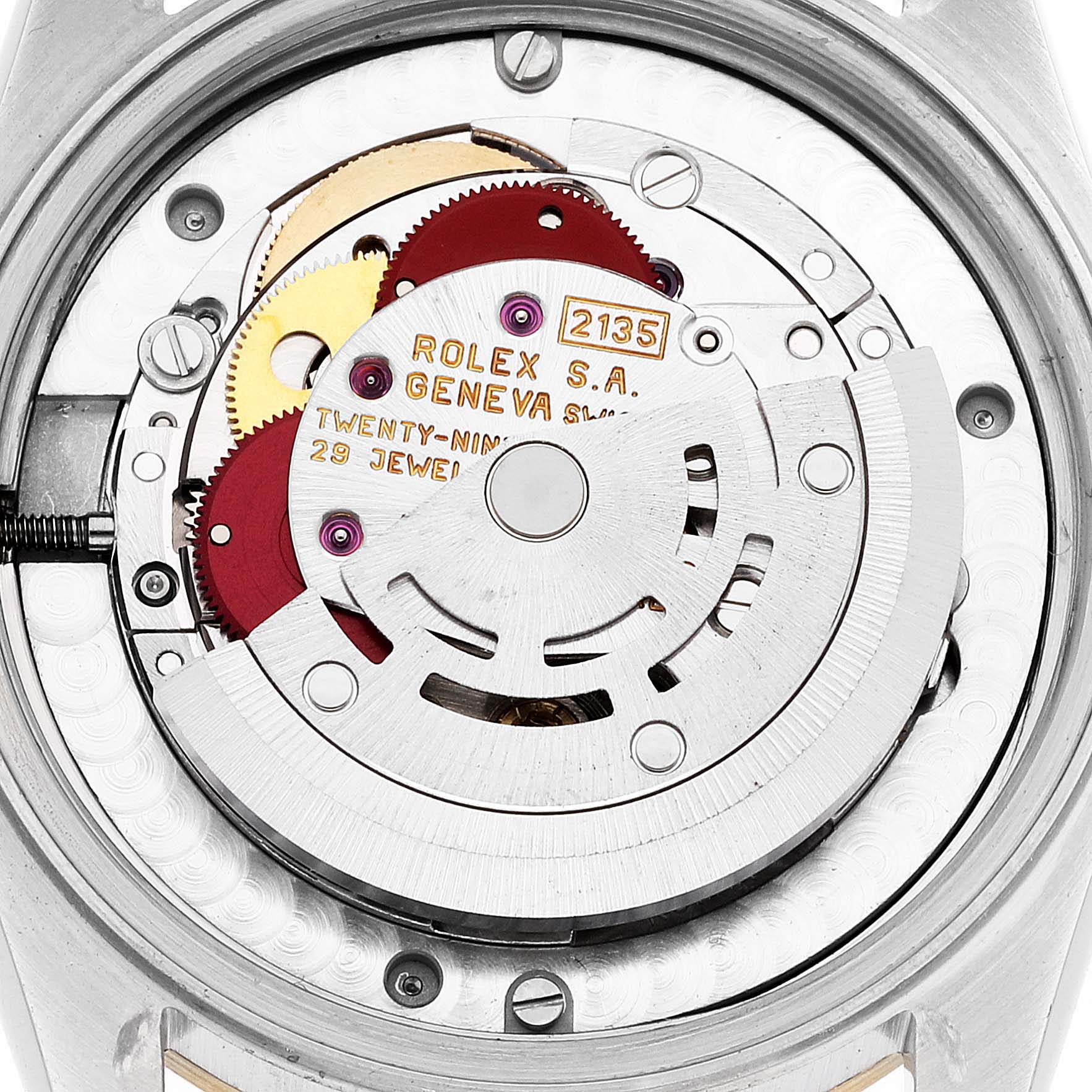 The image shows the internal movement mechanism of a Mid-Size Rolex watch, view from the back including gears and markings.