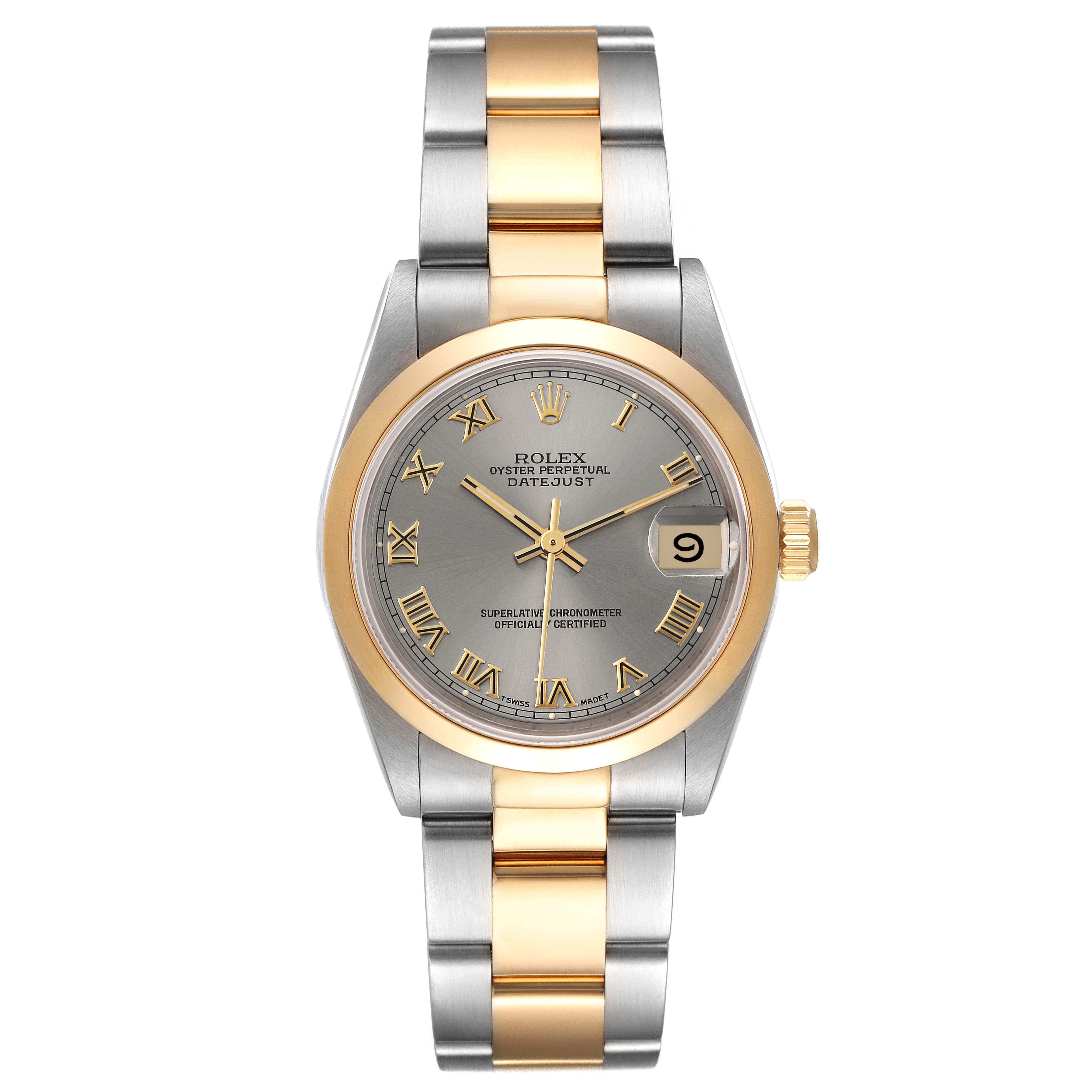 This is a frontal view of a Rolex Datejust Mid-Size watch showing its dual-tone bracelet, dial, bezel, and crown.