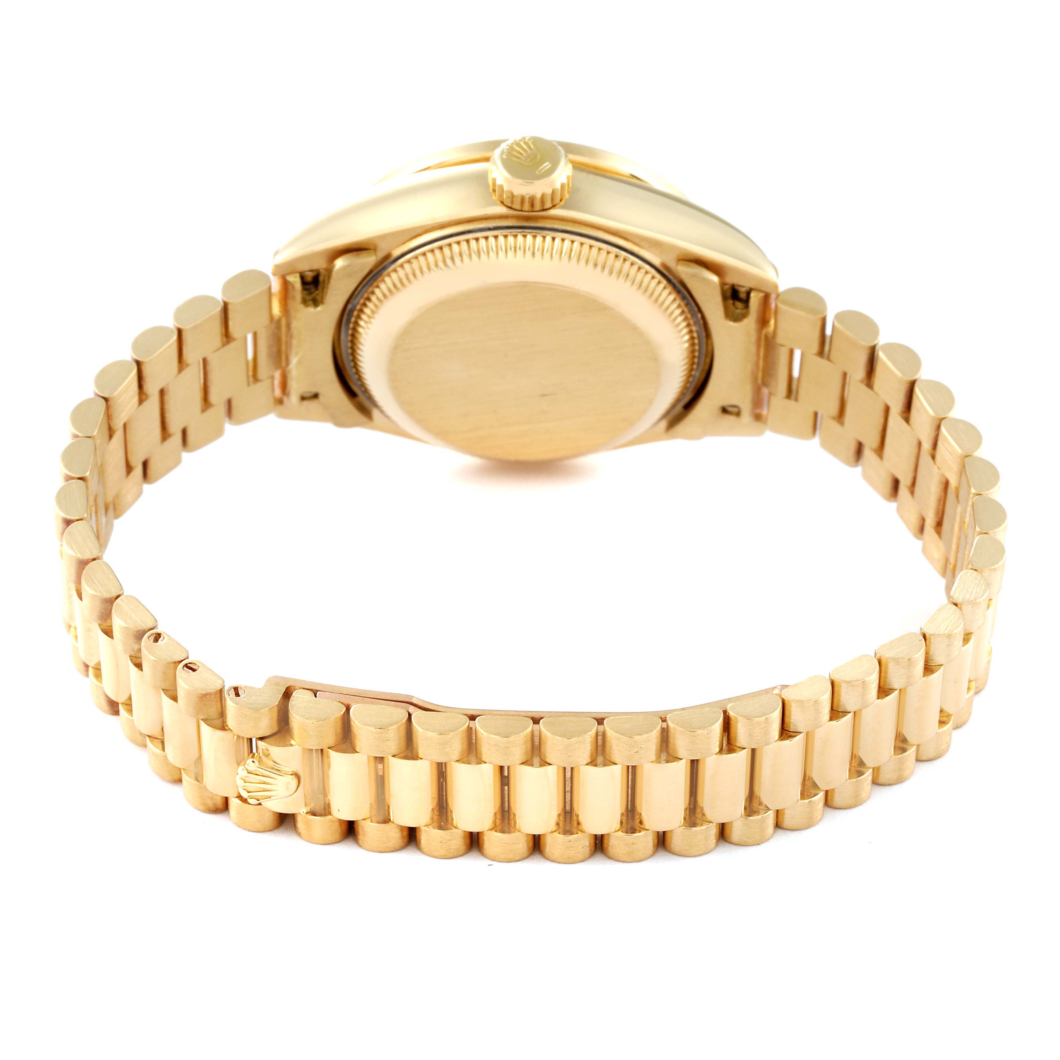 The image shows the back view of a Rolex President 69158 Women's Yellow Gold Silver Dial 69158 Women's Yellow Gold Silver Dial model watch, highlighting the bracelet and case back.