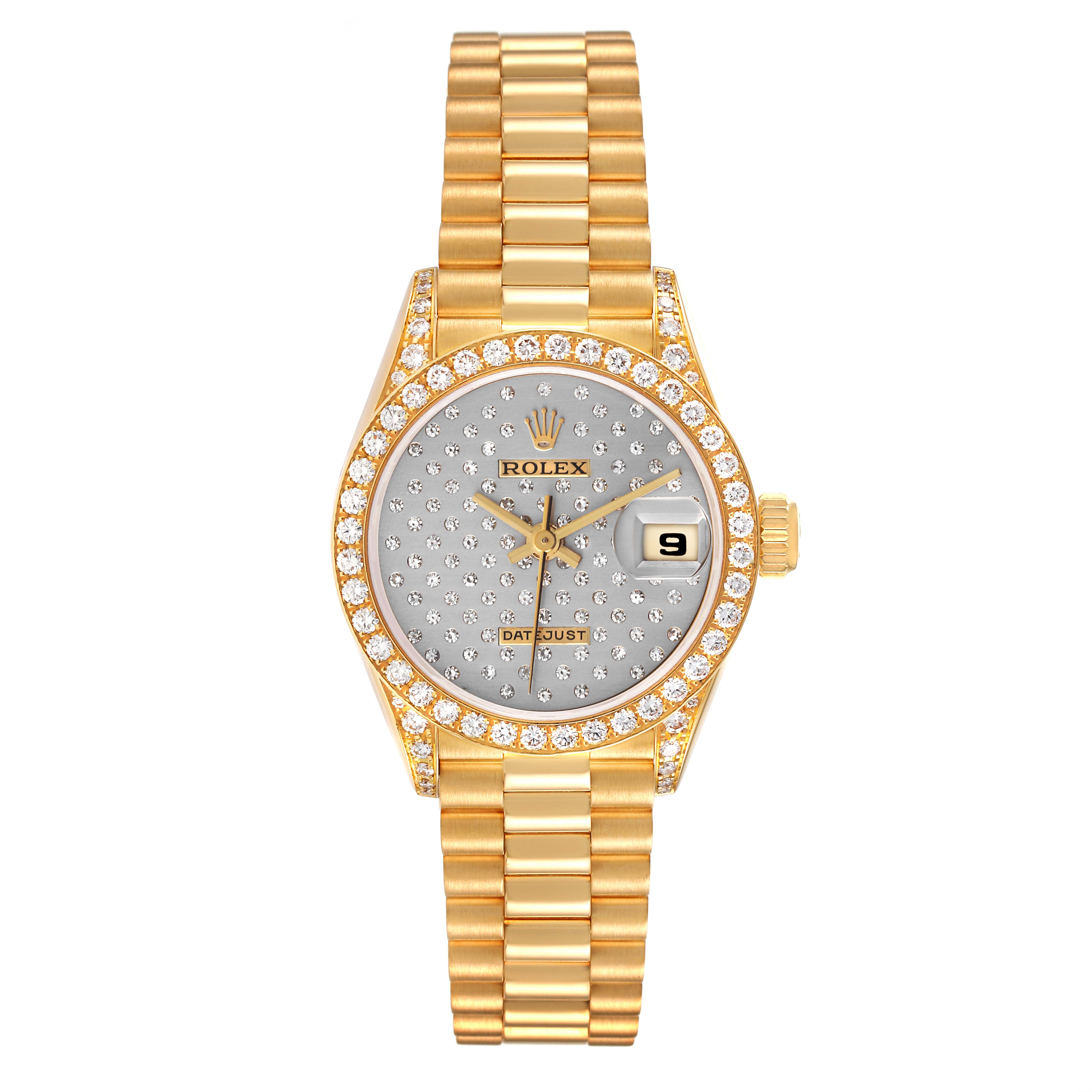 The Rolex President 69158 Women's Yellow Gold Silver Dial 69158 Women's Yellow Gold Silver Dial model watch is shown from the front, displaying the dial, bezel, and bracelet.
