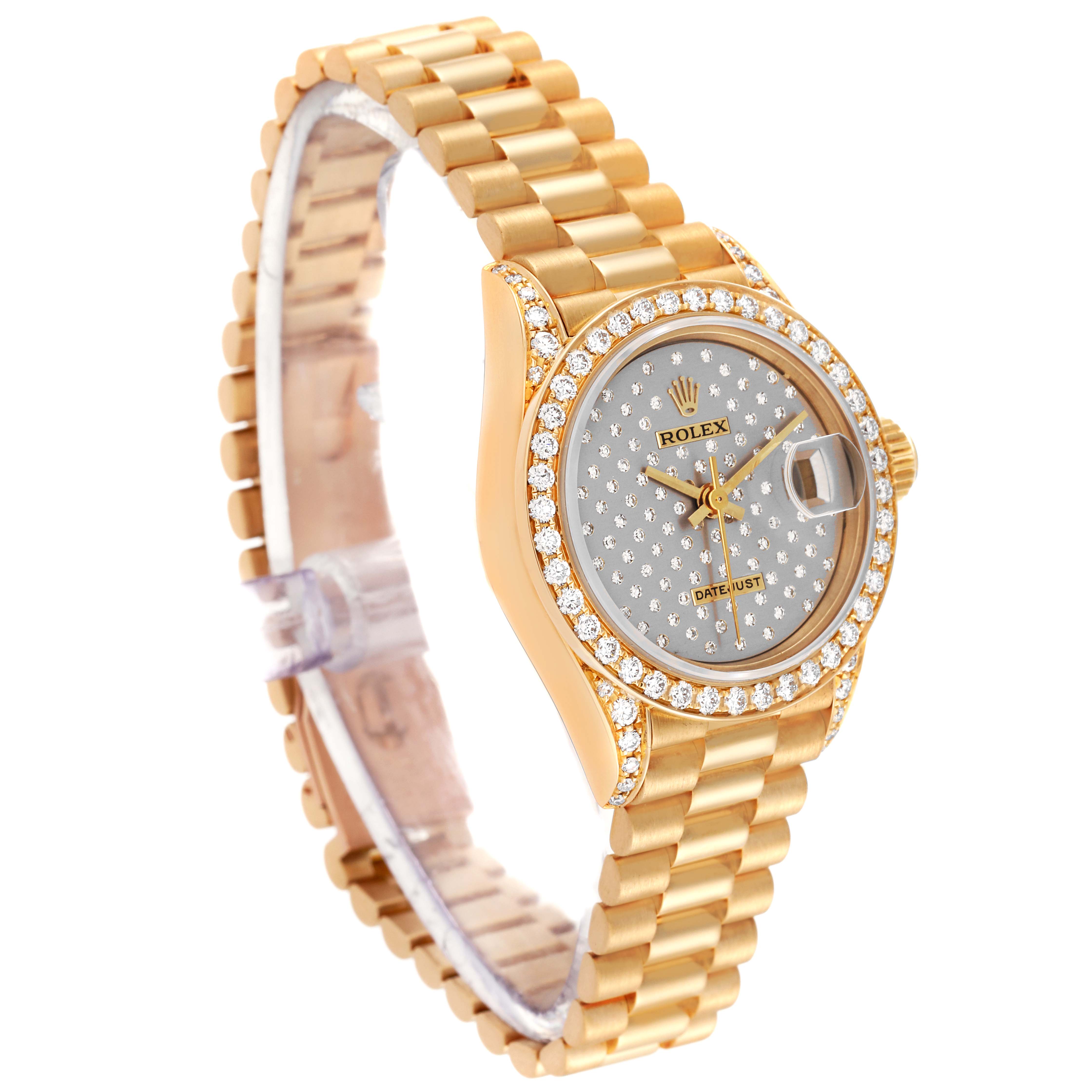 This Rolex President 69158 Women's Yellow Gold Silver Dial 69158 Women's Yellow Gold Silver Dial model watch is shown at a three-quarter angle, featuring a gold bracelet and diamond-encrusted bezel and dial.