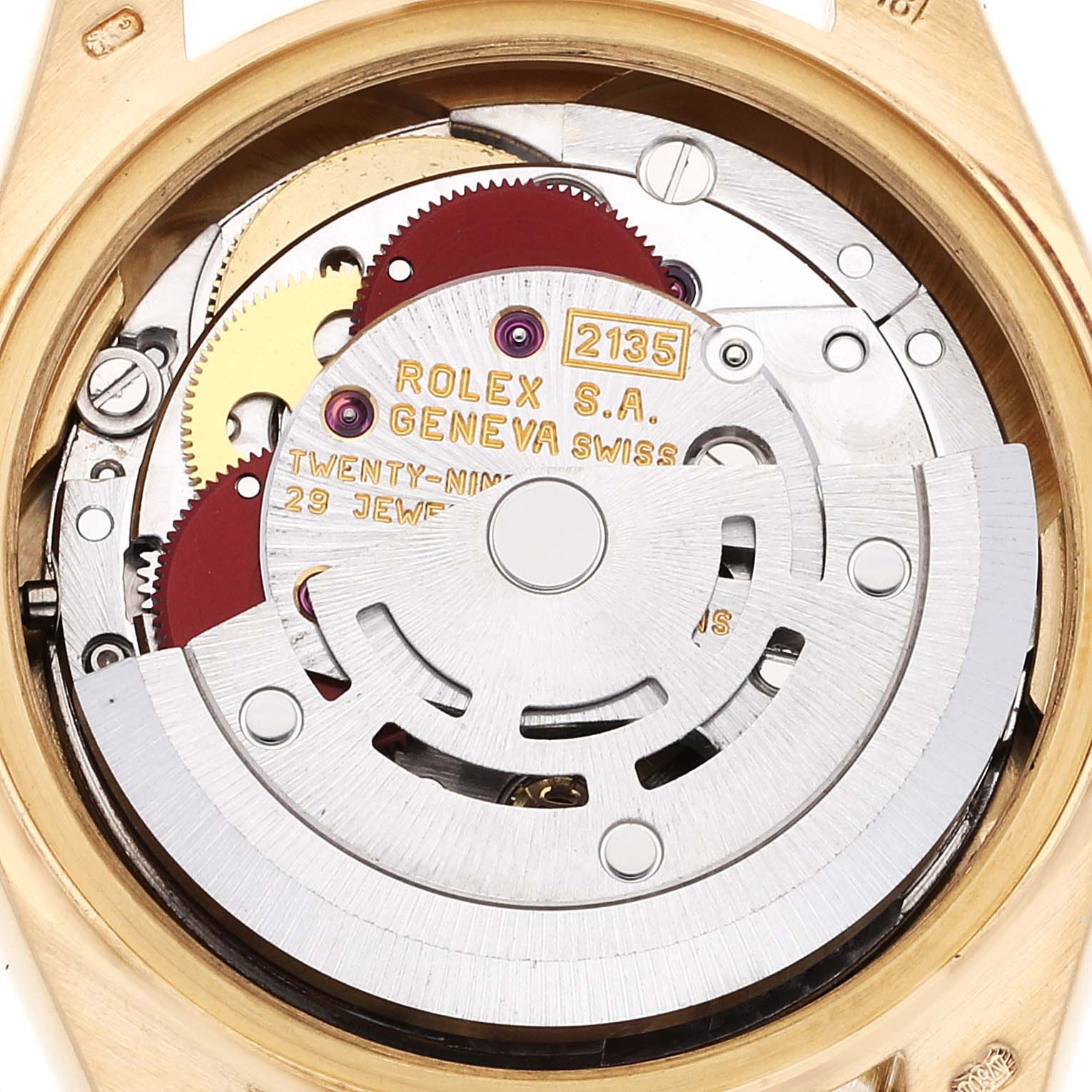 The image shows the internal movement mechanism of a Rolex President 69158 Women's Yellow Gold Silver Dial 69158 Women's Yellow Gold Silver Dial model watch viewed from the back.