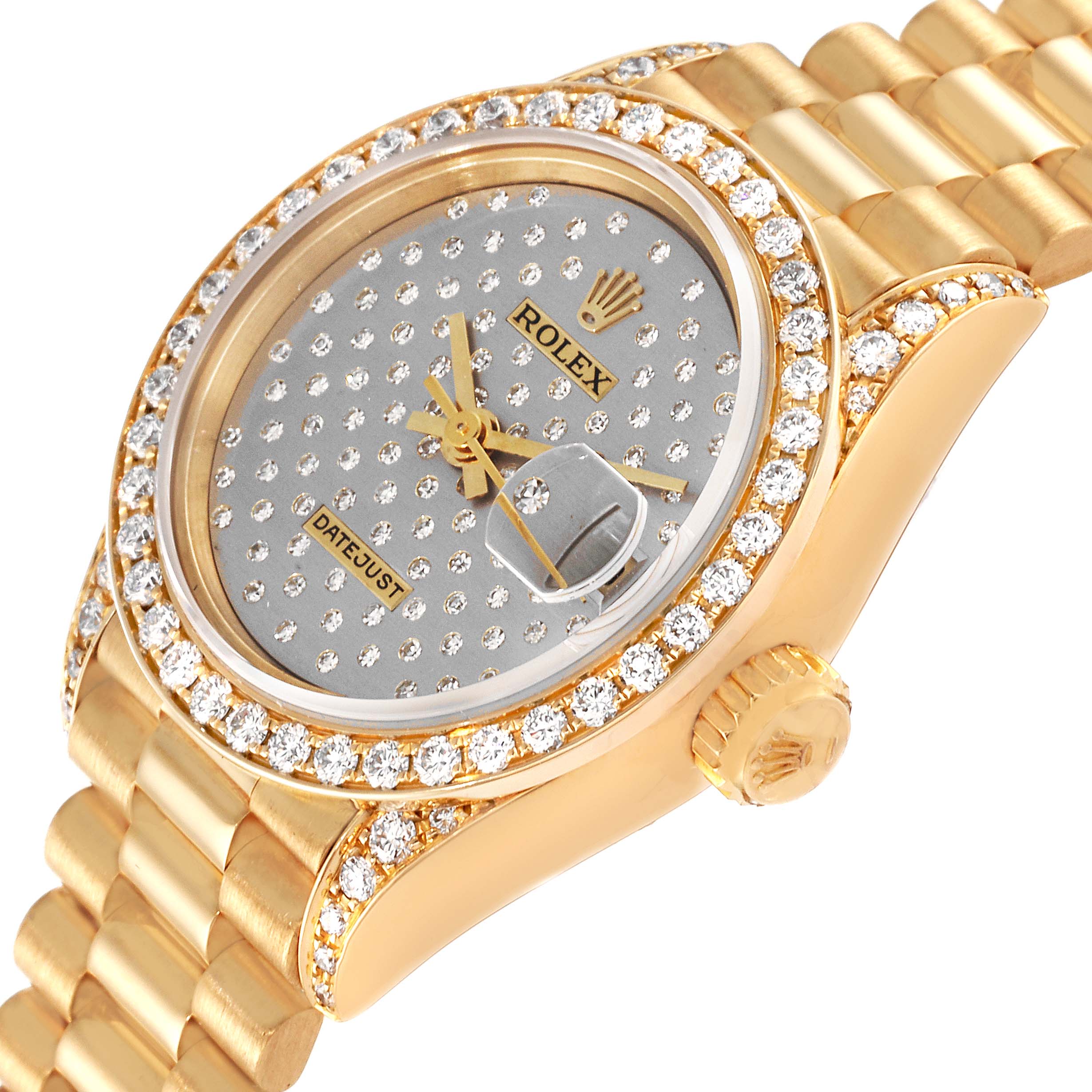 The image shows the dial, bezel, crown, and part of the bracelet of a Rolex President 69158 Women's Yellow Gold Silver Dial 69158 Women's Yellow Gold Silver Dial model watch at an angle.
