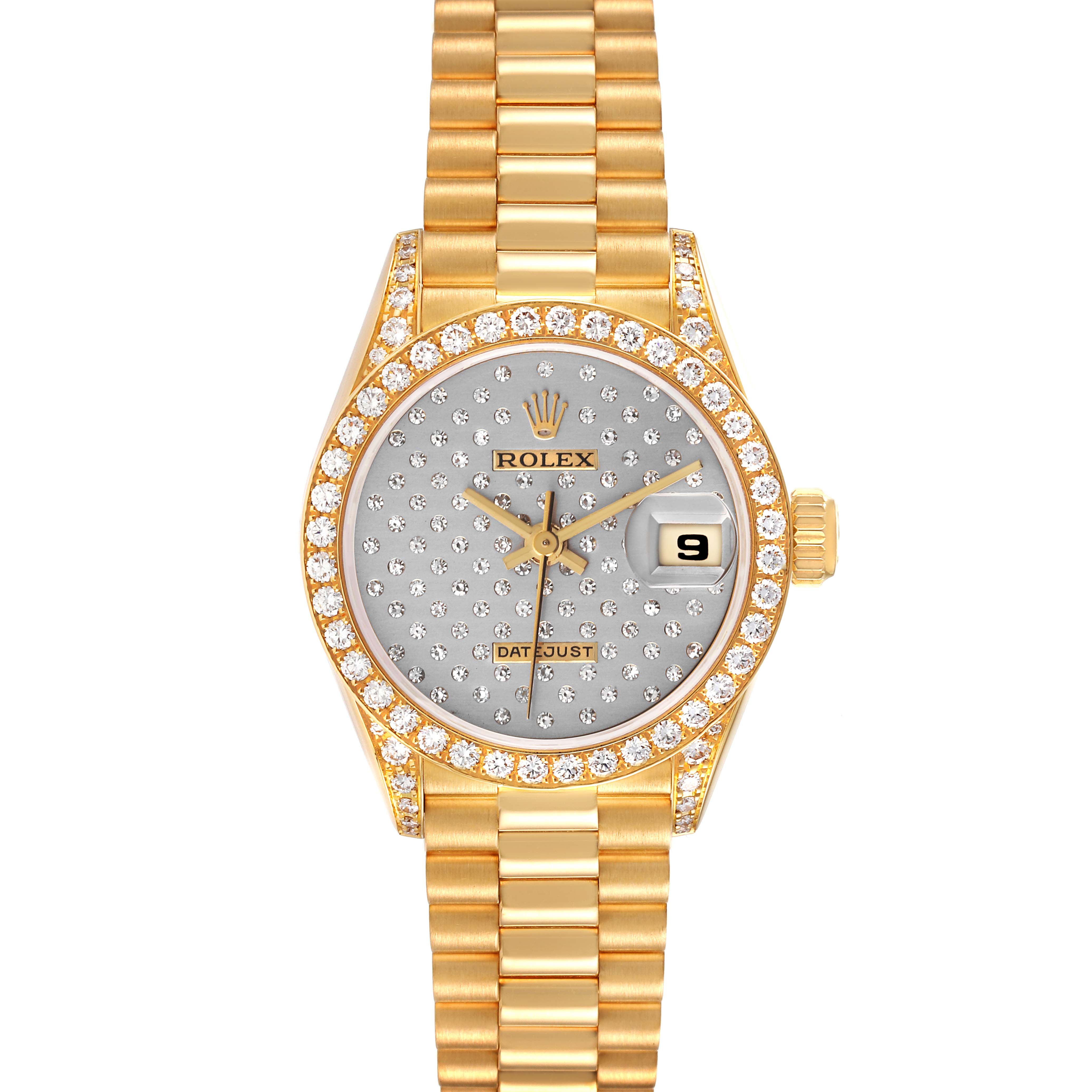 This image shows a frontal view of a Rolex President 69158 Women's Yellow Gold Silver Dial 69158 Women's Yellow Gold Silver Dial model watch, featuring a diamond-studded dial and bezel, with a gold bracelet.