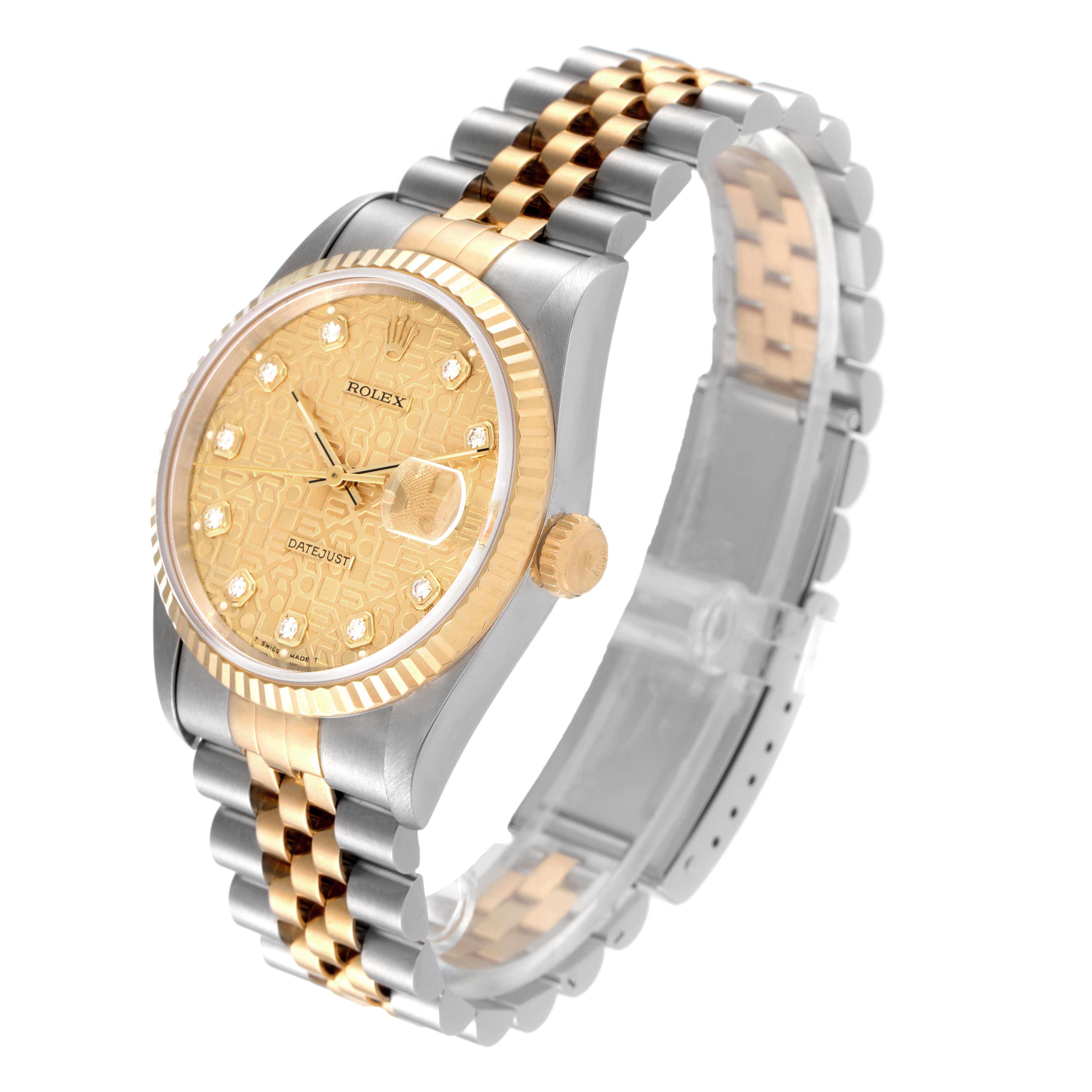 This image shows a Rolex Datejust 16233 Men's Steel and Gold (two tone) Champagne Dial 16233 Men's Steel and Gold (two tone) Champagne Dial watch at a slight angle, highlighting its gold and silver bracelet, dial, and fluted bezel.
