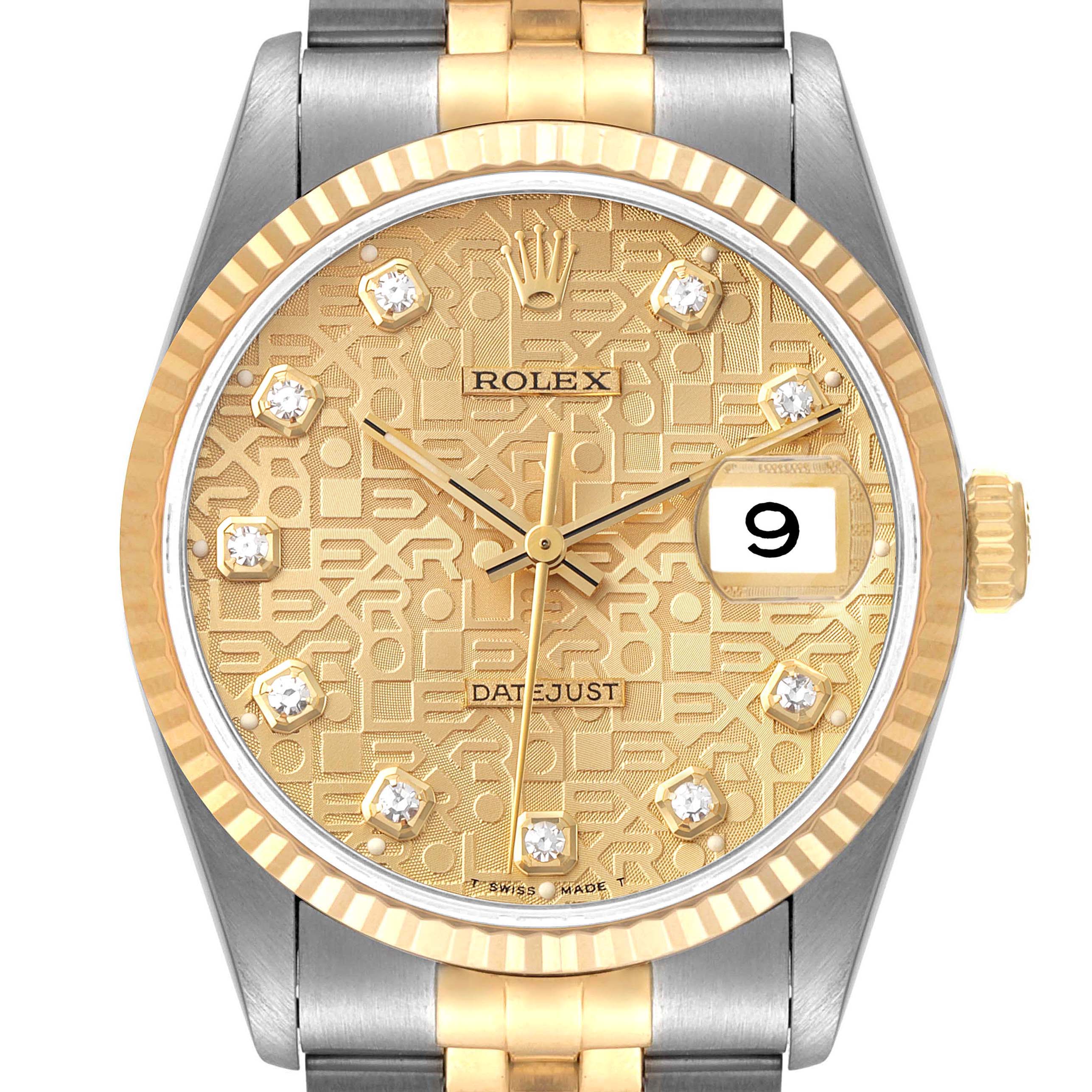 This image shows a front view of a Rolex Datejust 16233 Men's Steel and Gold (two tone) Champagne Dial 16233 Men's Steel and Gold (two tone) Champagne Dial watch, highlighting its dial, hands, crown, and two-tone metal band.