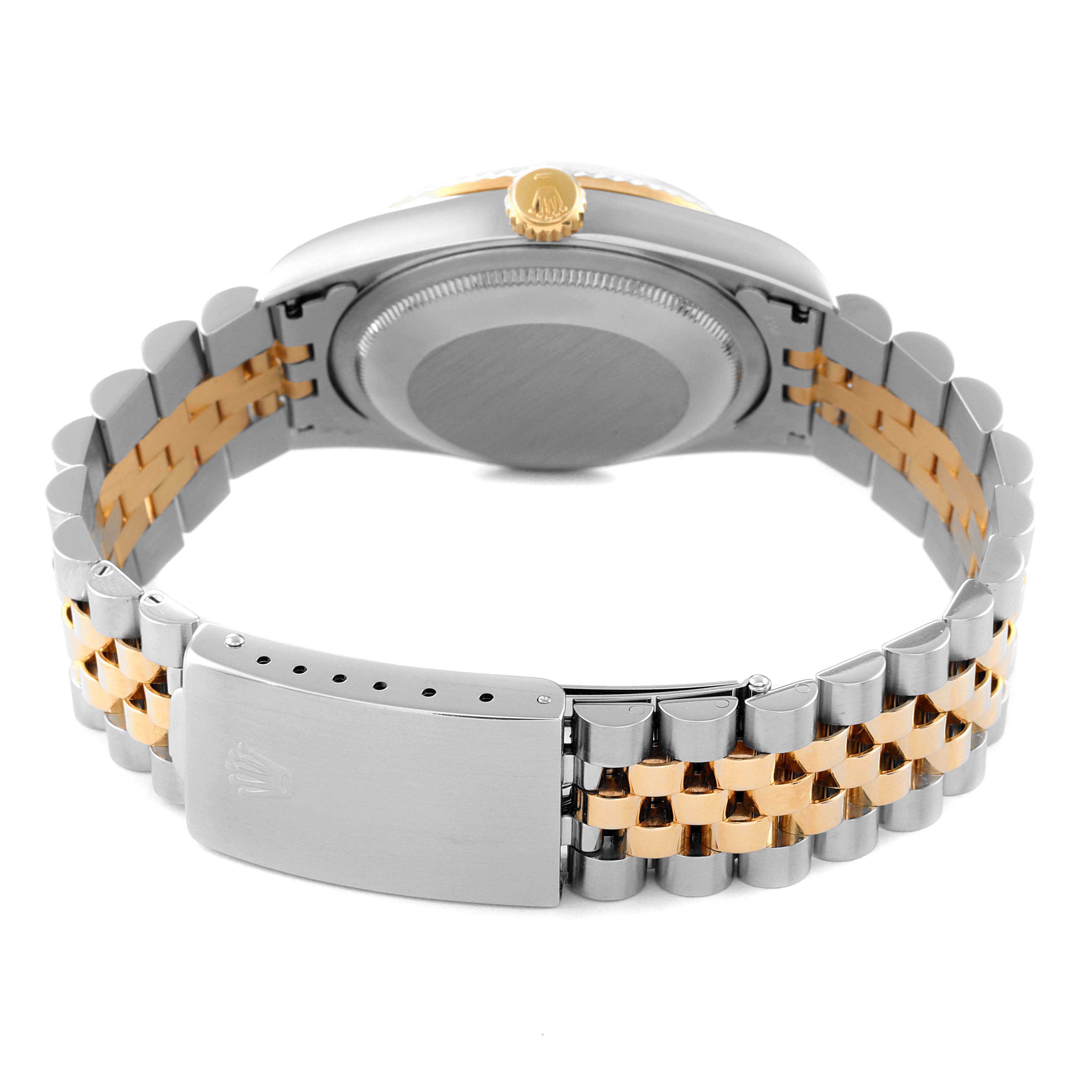 The image shows the clasp, bracelet, and back casing of a Rolex Datejust 16233 Men's Steel and Gold (two tone) Champagne Dial 16233 Men's Steel and Gold (two tone) Champagne Dial watch from a rear angle.