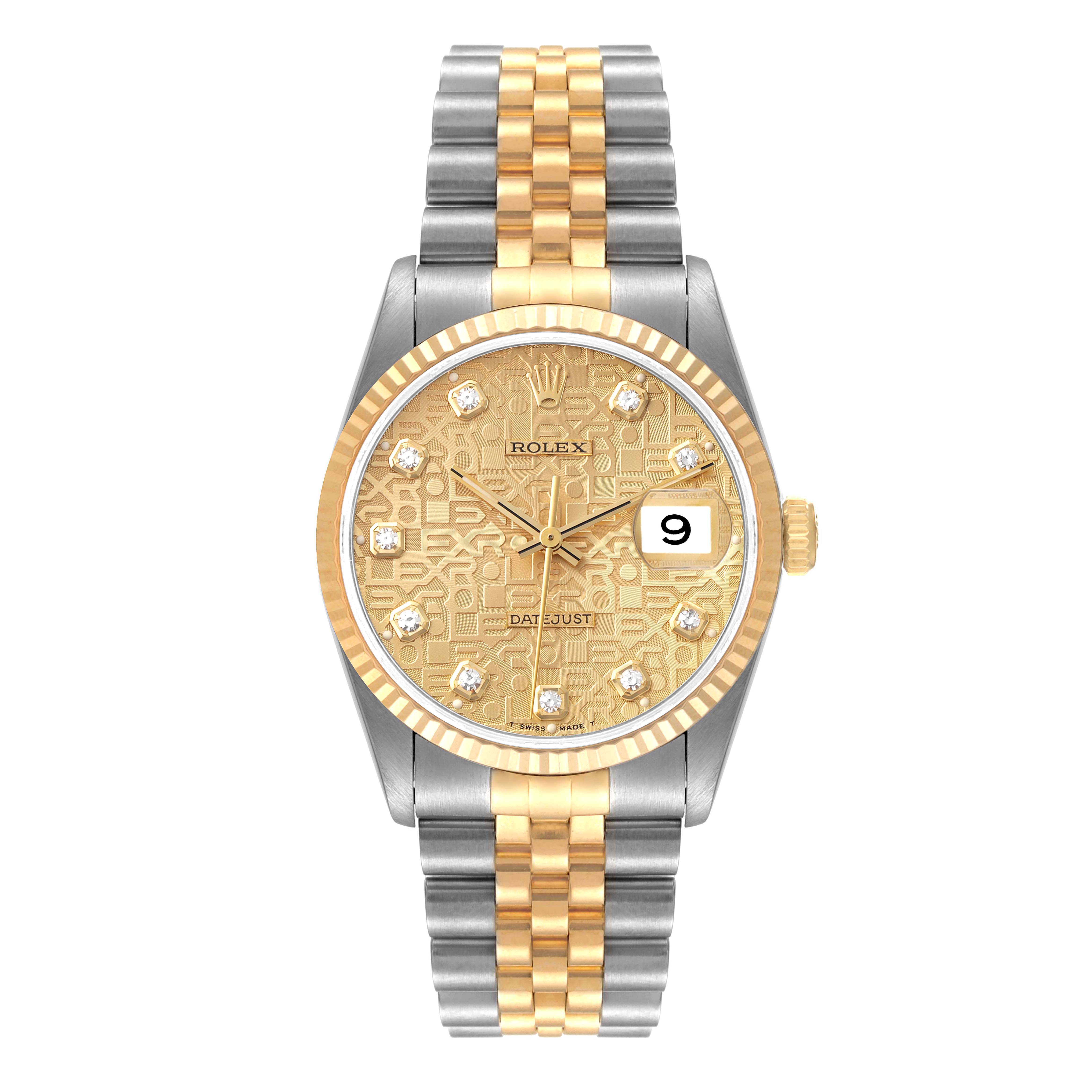 This image shows a Rolex Datejust 16233 Men's Steel and Gold (two tone) Champagne Dial 16233 Men's Steel and Gold (two tone) Champagne Dial watch from a top-down angle, highlighting the face, bezel, bracelet, and date indicator.