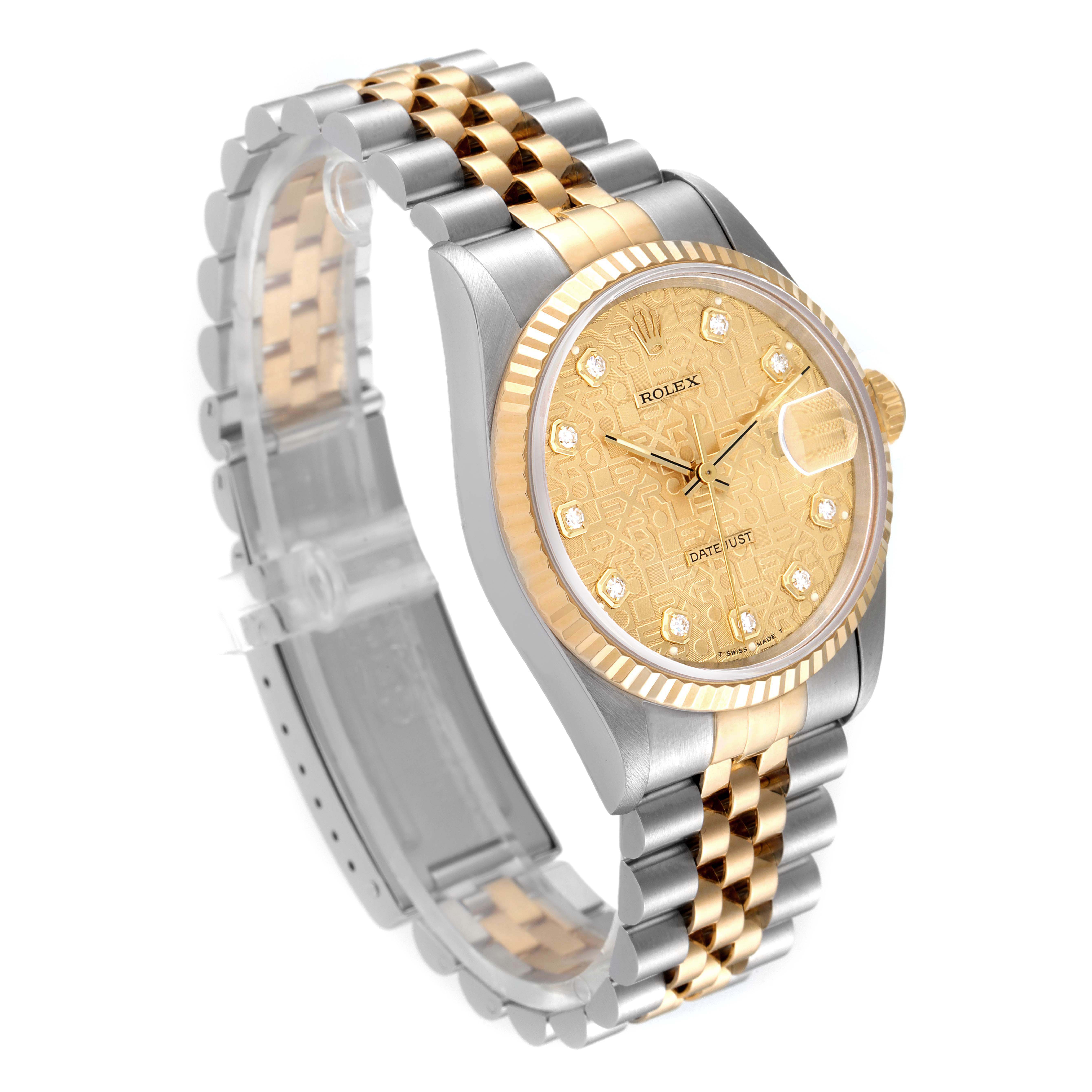 The Rolex Datejust 16233 Men's Steel and Gold (two tone) Champagne Dial 16233 Men's Steel and Gold (two tone) Champagne Dial watch is shown at an angle displaying the dial, full case, bezel, and bracelet.