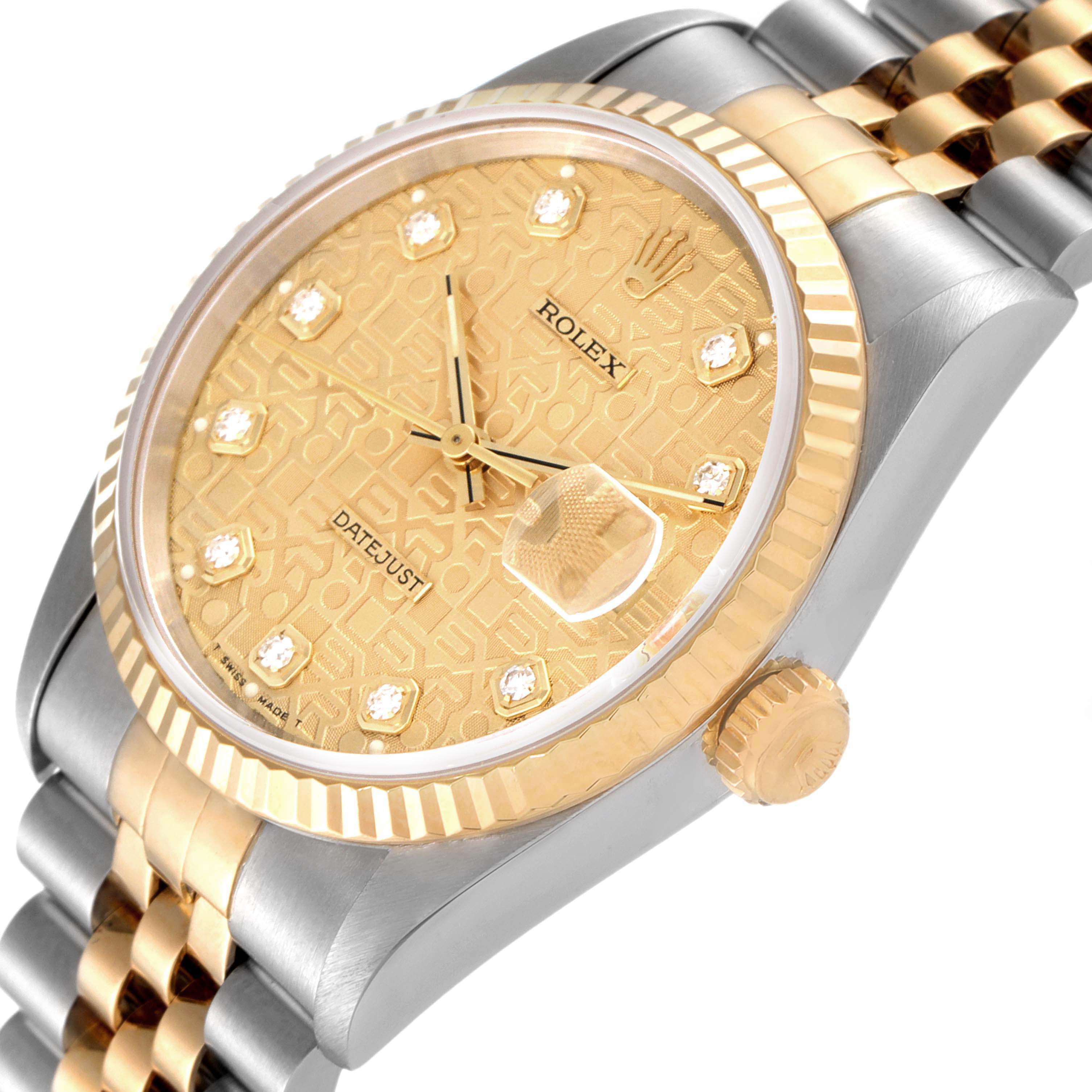 The image shows a close-up, angled view of the Rolex Datejust 16233 Men's Steel and Gold (two tone) Champagne Dial 16233 Men's Steel and Gold (two tone) Champagne Dial watch, highlighting the gold dial, bezel, and part of the bracelet.