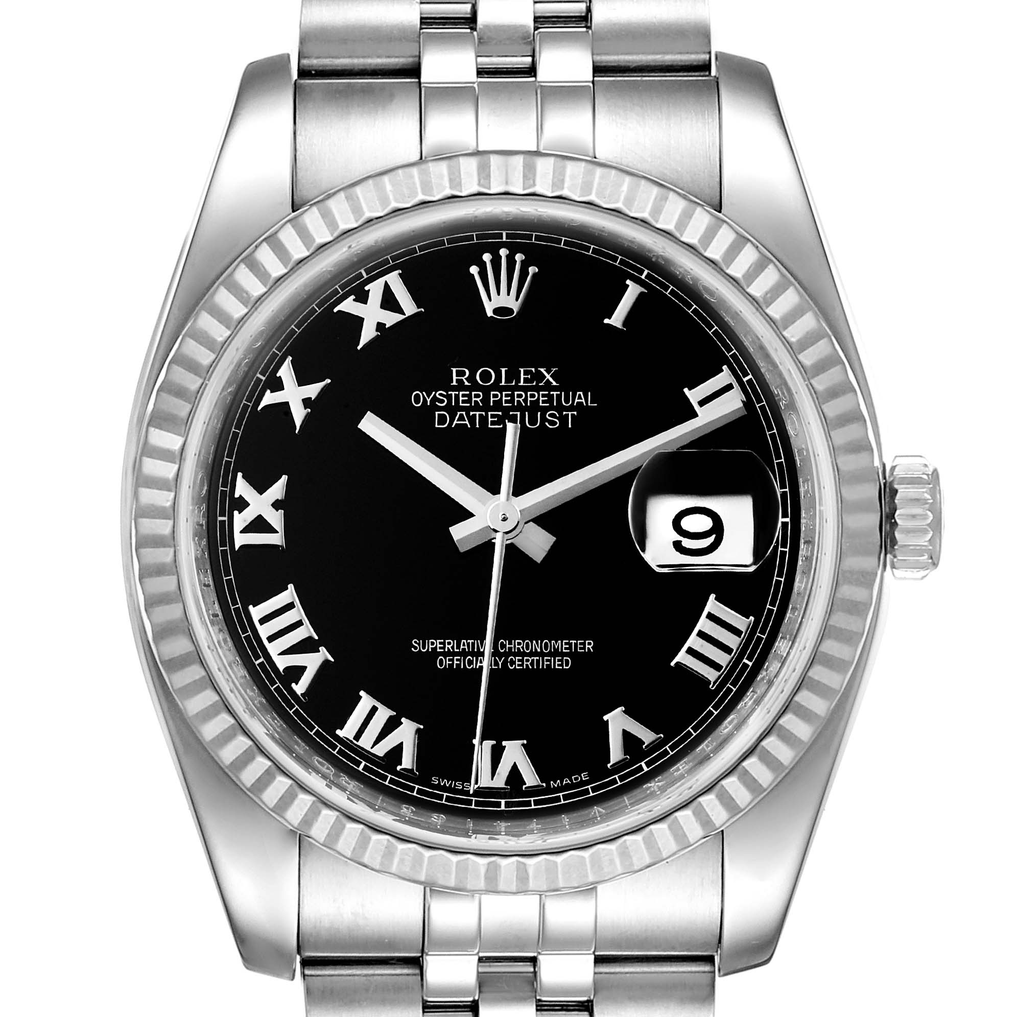 This image shows the front view of a Rolex Datejust 116234 Men's Stainless Steel Black Dial 116234 Men's Stainless Steel Black Dial watch, featuring a black dial, Roman numerals, and a date display.
