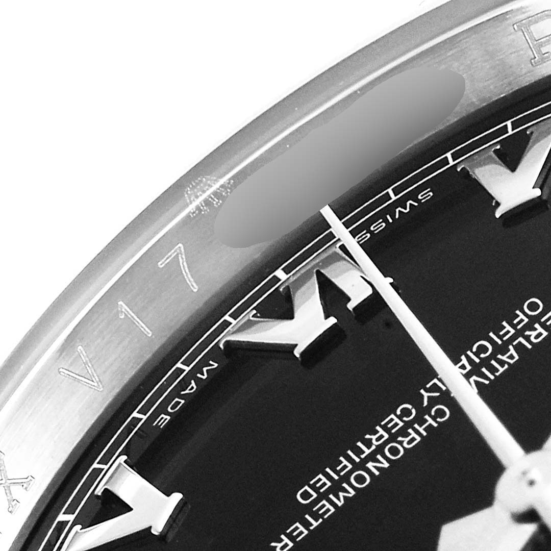 The image shows a close-up of the dial and bezel of a Rolex Datejust 116234 Men's Stainless Steel Black Dial 116234 Men's Stainless Steel Black Dial watch, highlighting the Roman numeral markers.