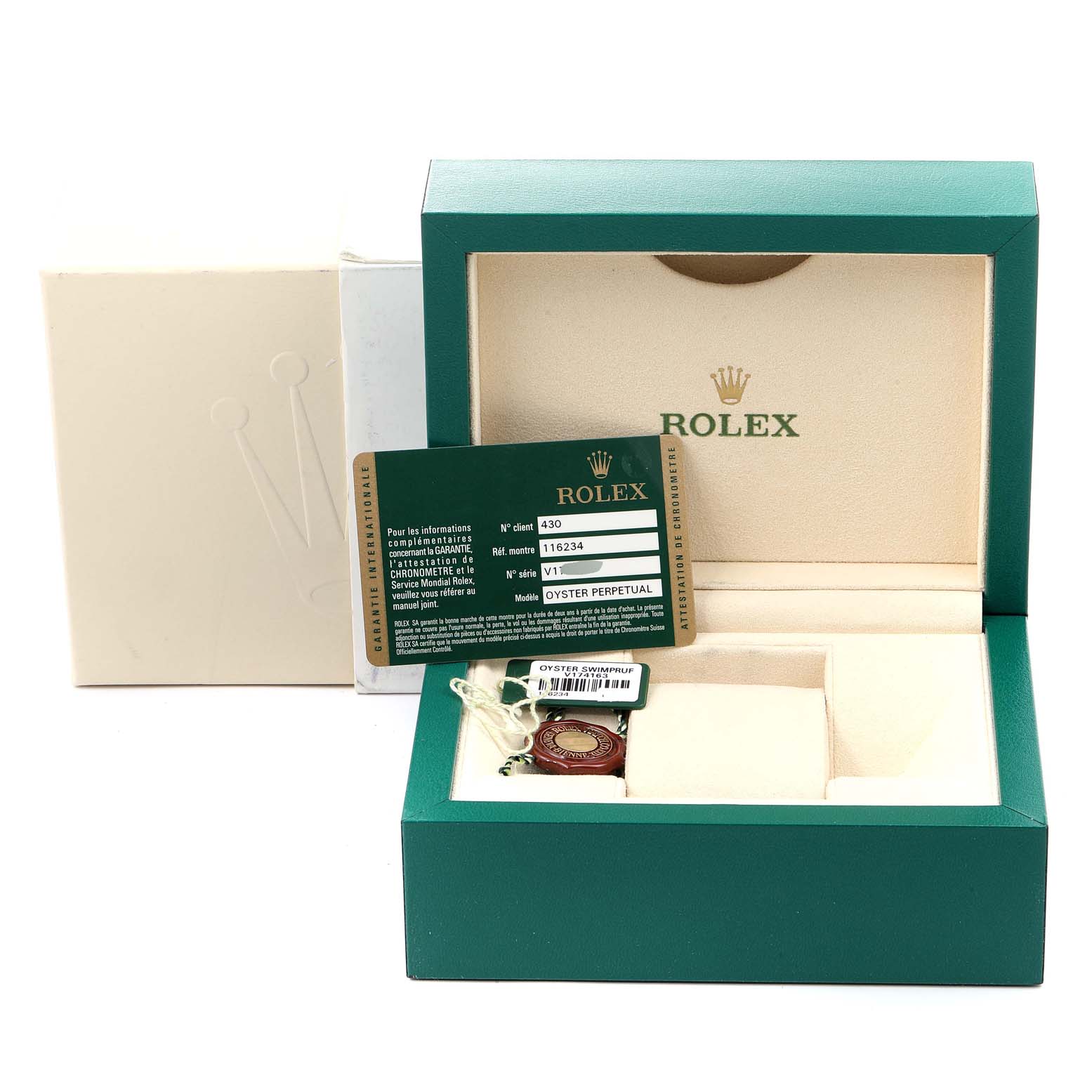 The image shows the box, warranty card, and tags of a Rolex Datejust 116234 Men's Stainless Steel Black Dial 116234 Men's Stainless Steel Black Dial watch from a front-facing angle.