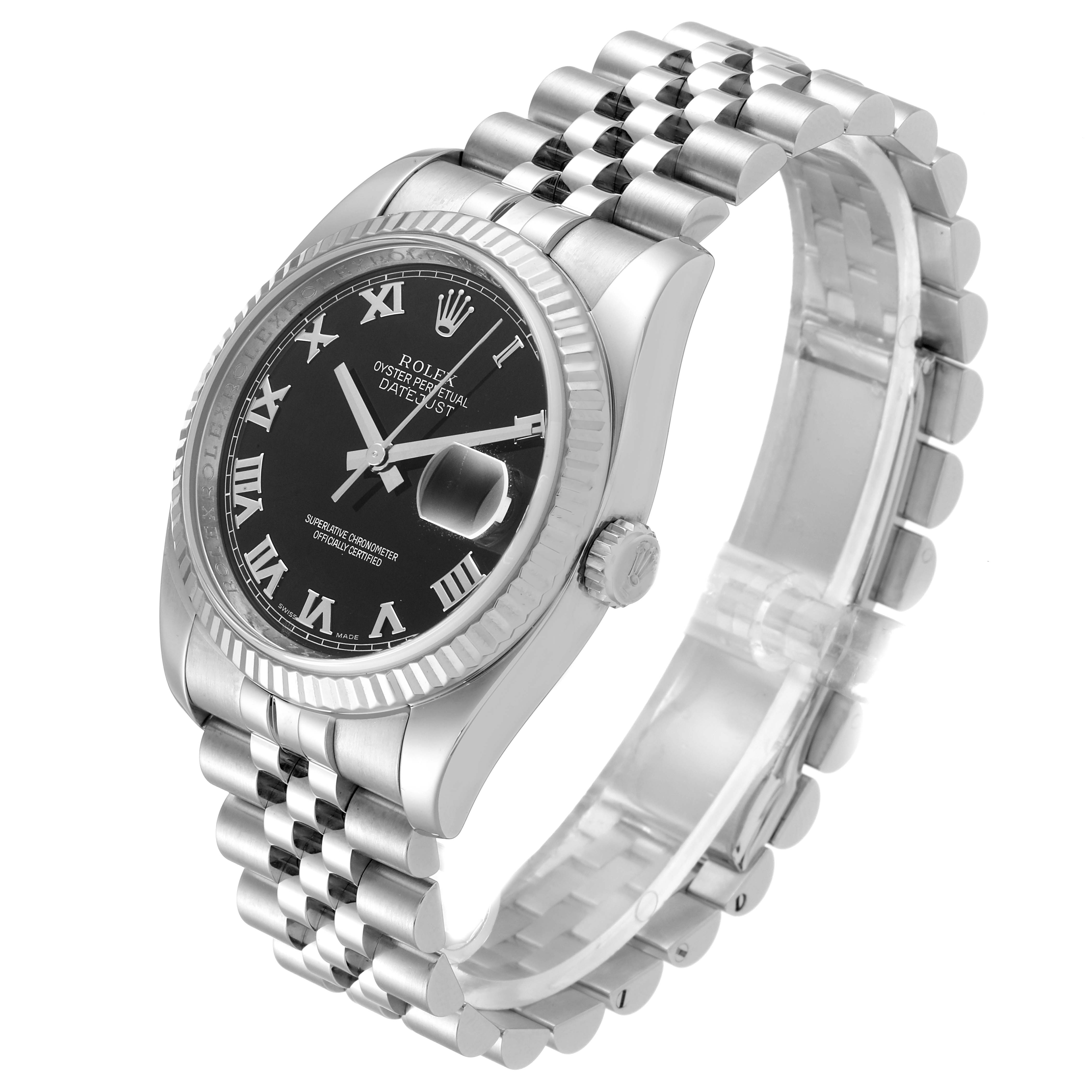 The Rolex Datejust 116234 Men's Stainless Steel Black Dial 116234 Men's Stainless Steel Black Dial watch is shown at an angle highlighting the face, bezel, crown, and bracelet.