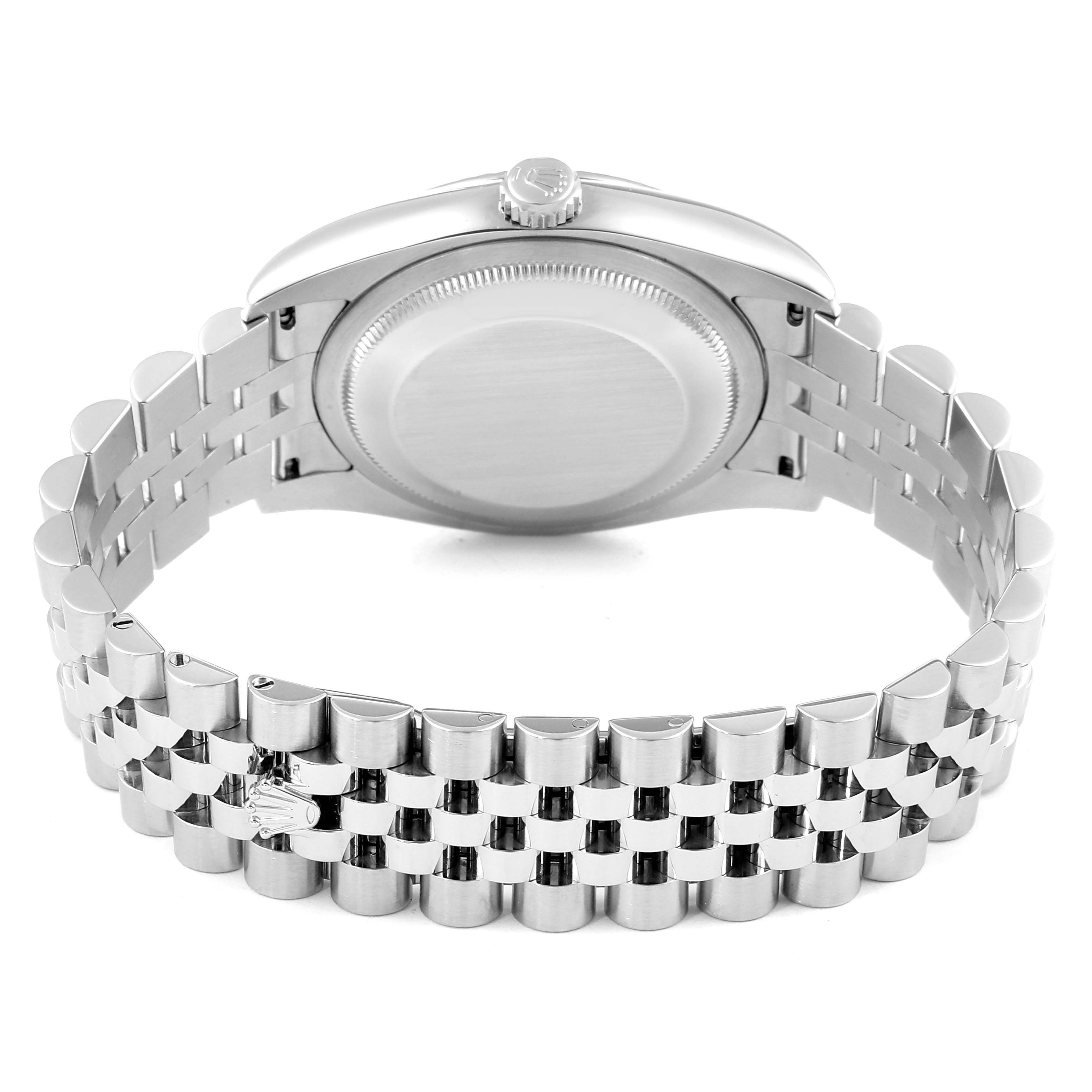 The image shows the back view of a Rolex Datejust 116234 Men's Stainless Steel Black Dial 116234 Men's Stainless Steel Black Dial watch, highlighting its case and Jubilee bracelet.