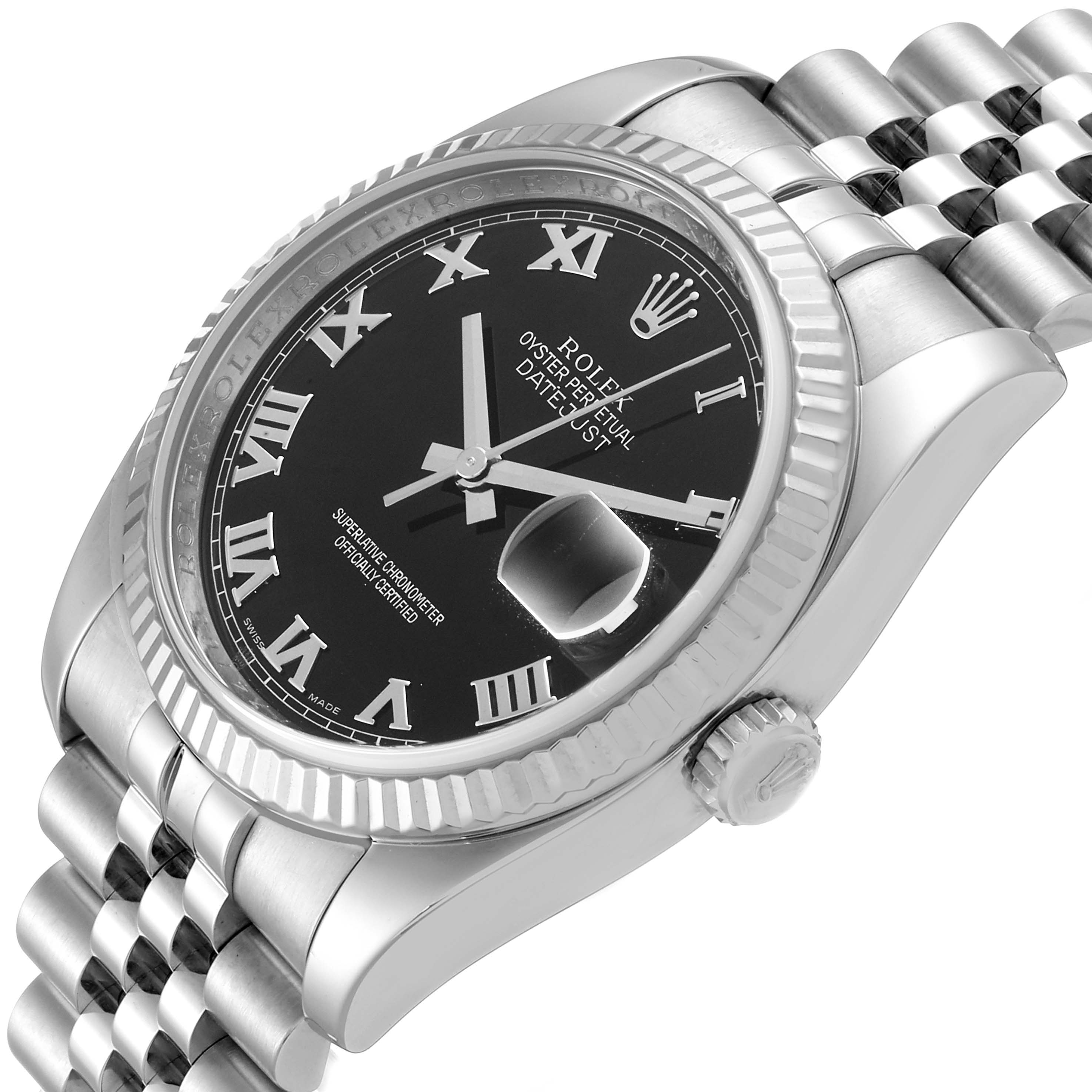 The image shows a close-up angled view of the Rolex Datejust 116234 Men's Stainless Steel Black Dial 116234 Men's Stainless Steel Black Dial watch, displaying its black dial, Roman numerals, and Jubilee bracelet.