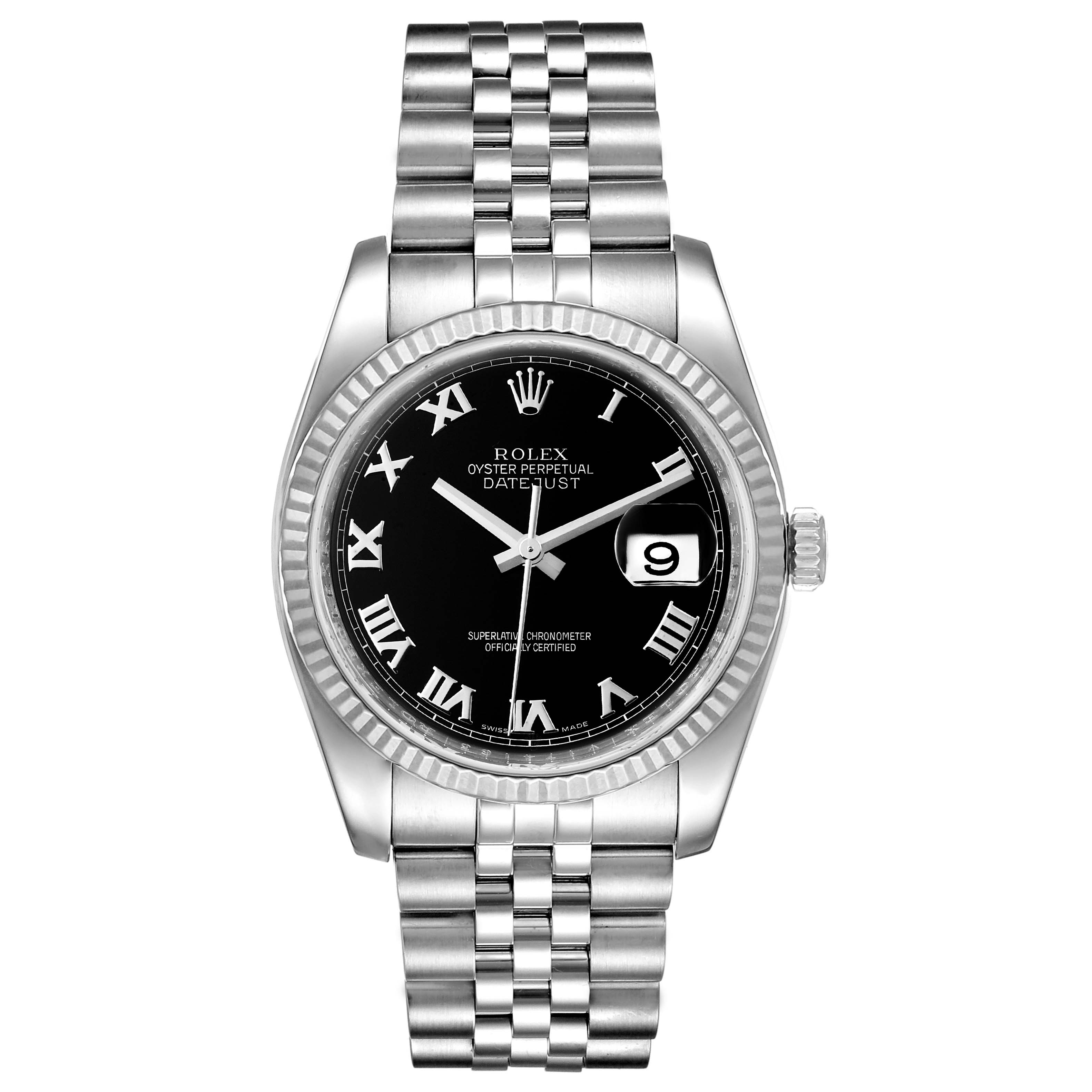 The image shows a front view of a Rolex Datejust 116234 Men's Stainless Steel Black Dial 116234 Men's Stainless Steel Black Dial watch, highlighting the dial, bezel, hour markers, and bracelet.