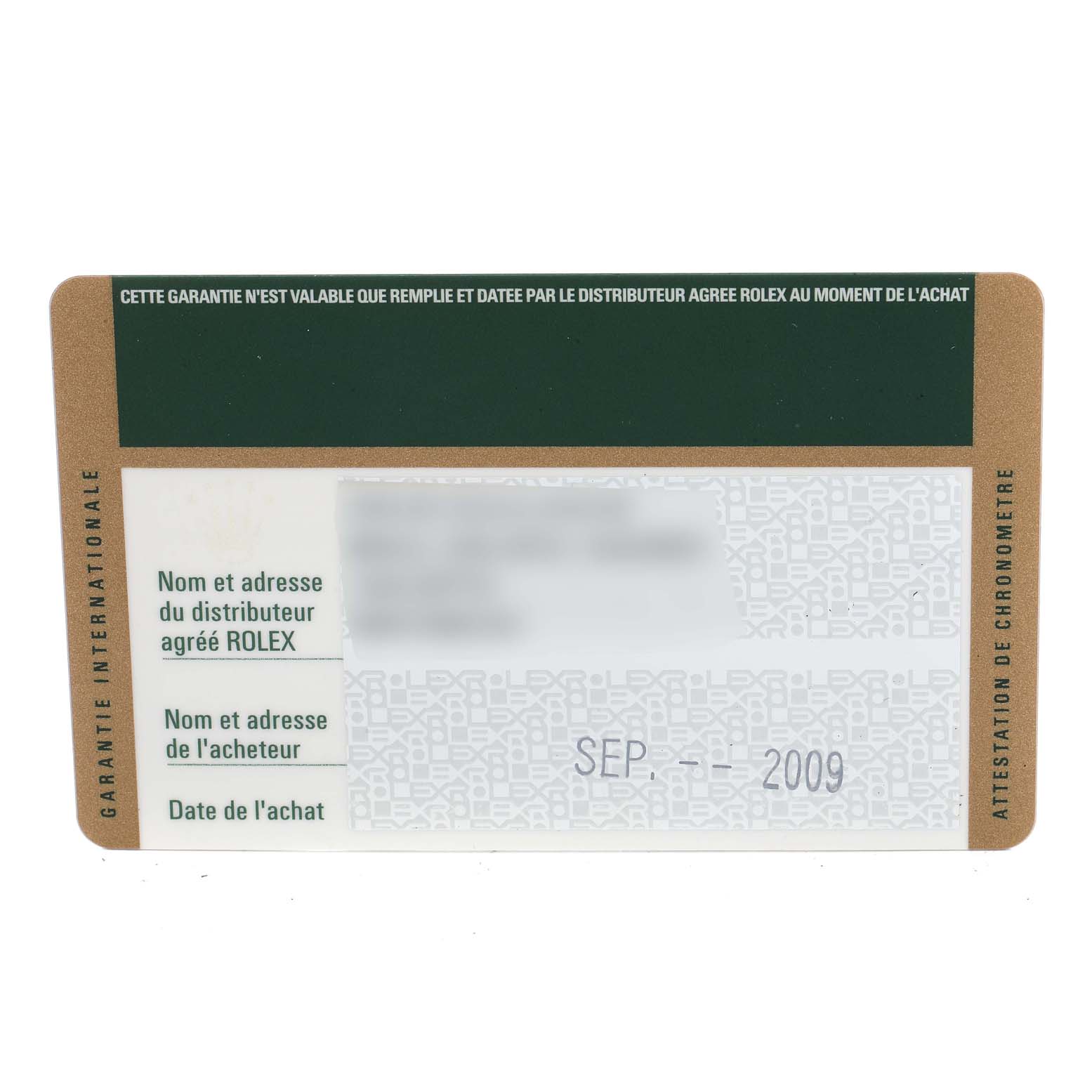 The image shows the warranty card for a Datejust model by Rolex, detailing the distributor, buyer's information, and purchase date.