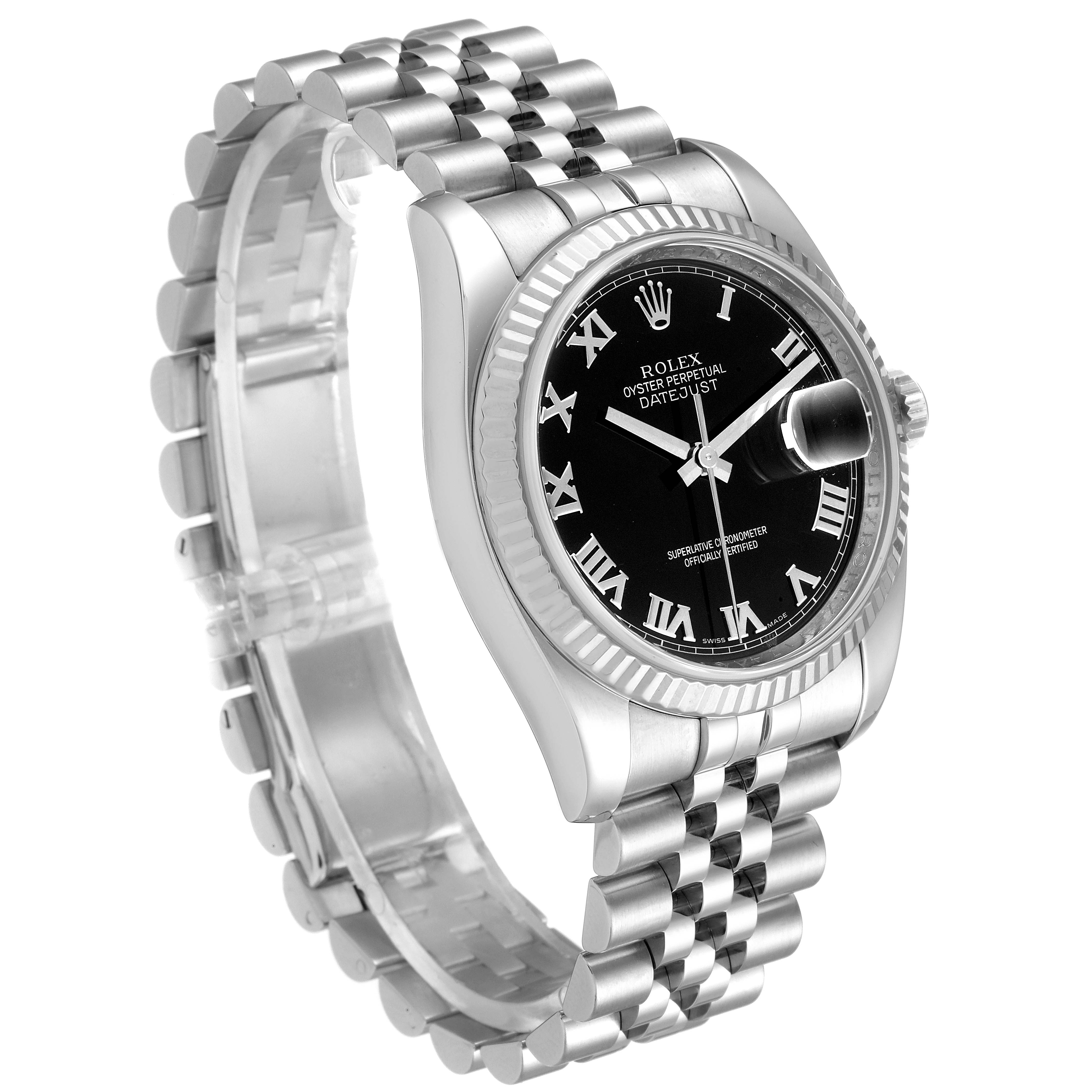 The Rolex Datejust 116234 Men's Stainless Steel Black Dial 116234 Men's Stainless Steel Black Dial watch is shown at a slight angle, highlighting its black dial, fluted bezel, and Jubilee bracelet.