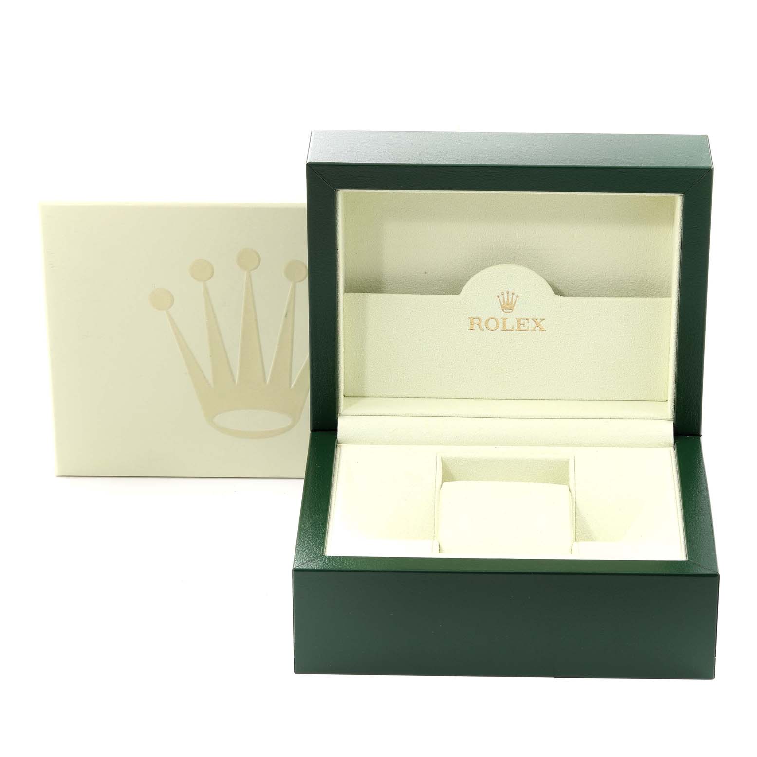 The image shows an open green Rolex Datejust 116234 Men's Stainless Steel Pink Dial 116234 Men's Stainless Steel Pink Dial watch box with a cream interior and the outer cardboard box in the background.