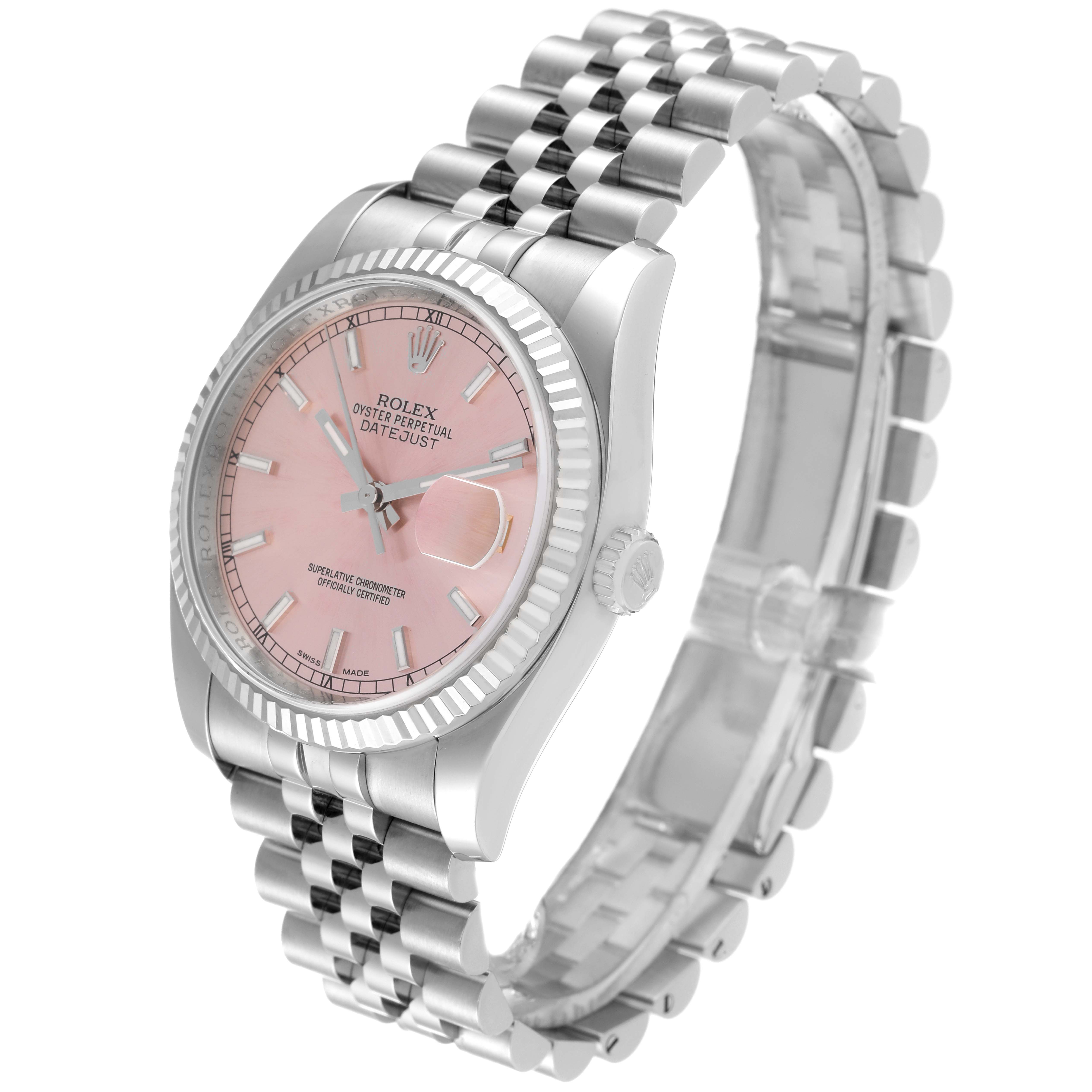 The image shows a Rolex Datejust 116234 Men's Stainless Steel Pink Dial 116234 Men's Stainless Steel Pink Dial watch at an angle displaying the face, crown, and jubilee bracelet.