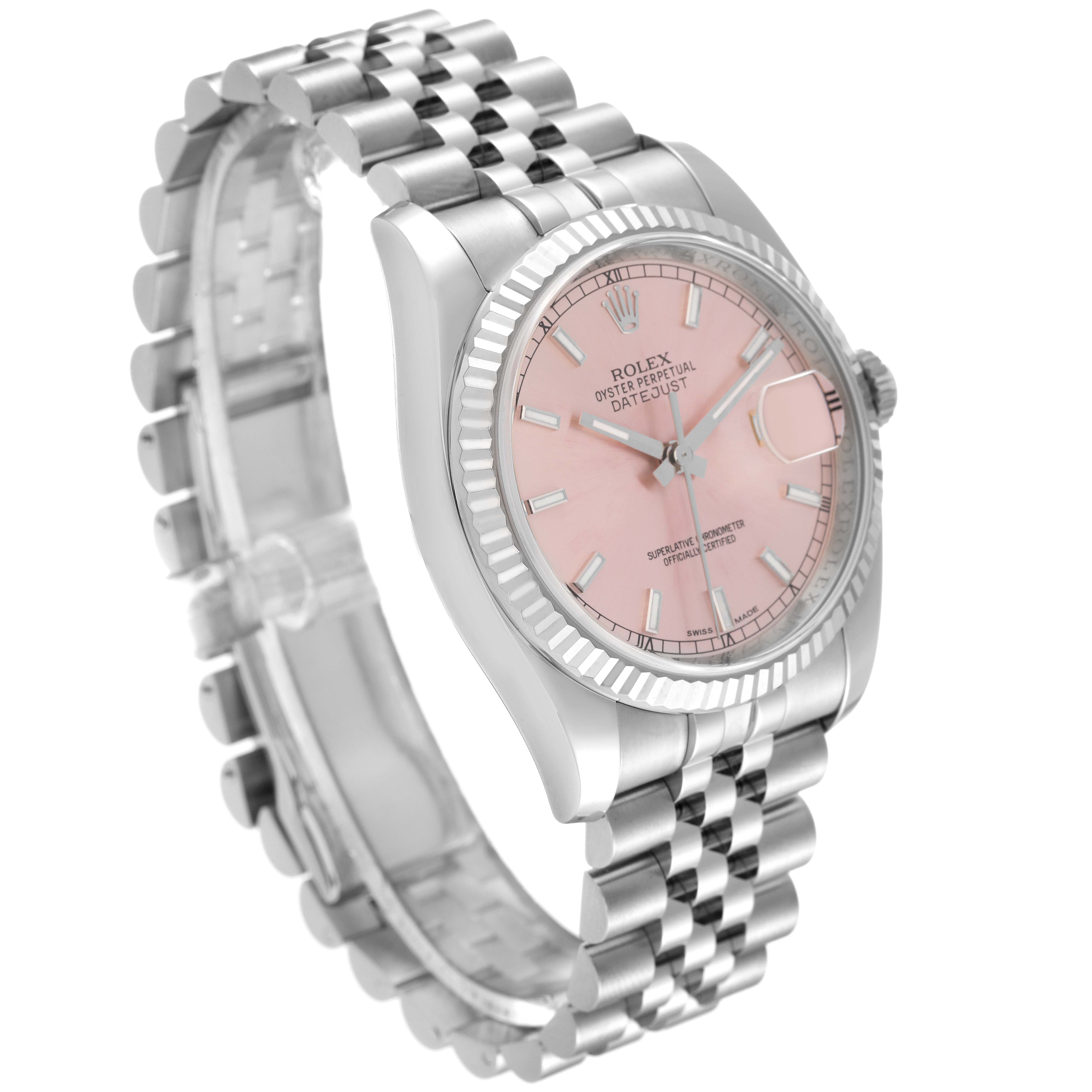The Rolex Datejust 116234 Men's Stainless Steel Pink Dial 116234 Men's Stainless Steel Pink Dial watch is shown from a three-quarter angle, highlighting its dial, bezel, and Jubilee bracelet.