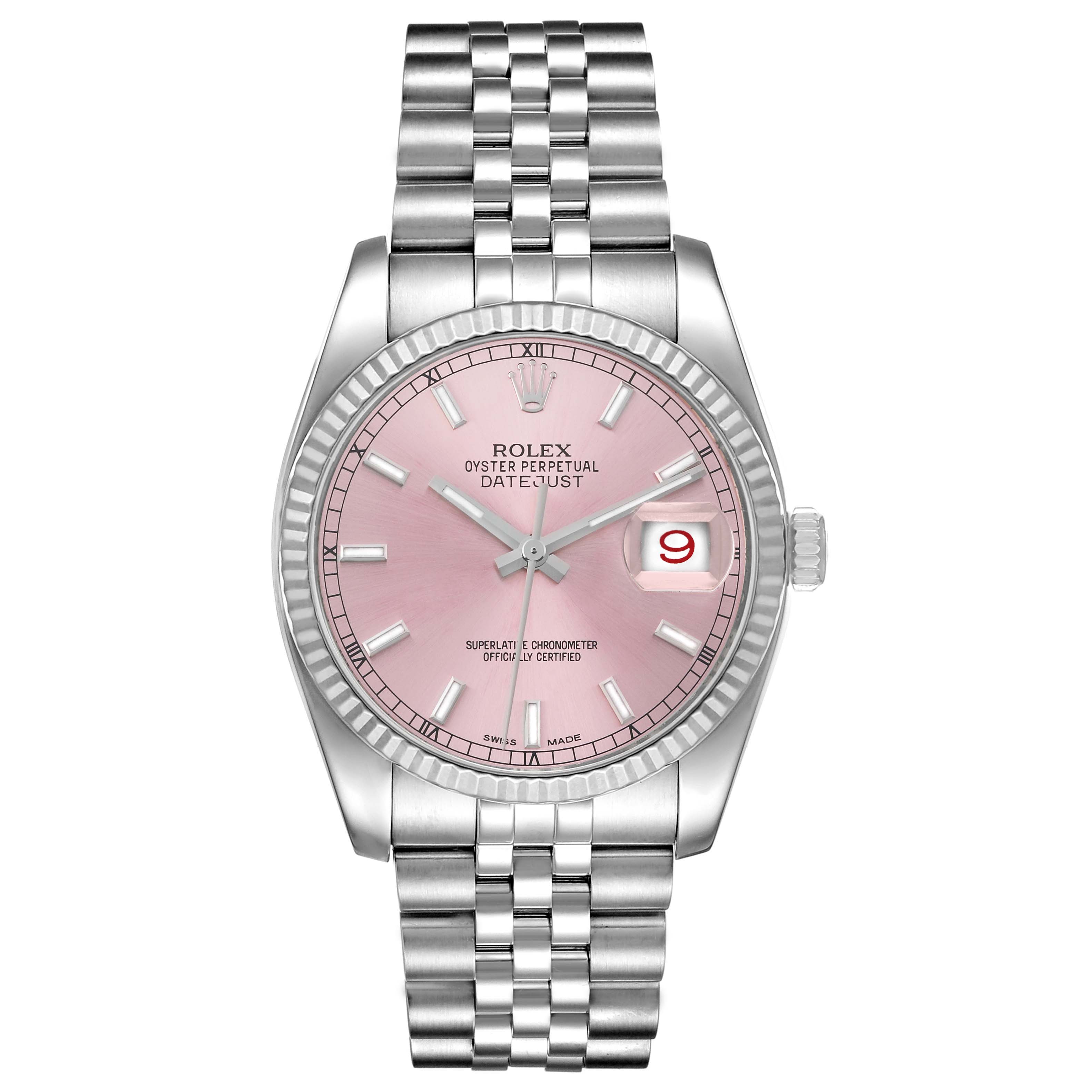The Rolex Datejust 116234 Men's Stainless Steel Pink Dial 116234 Men's Stainless Steel Pink Dial watch is shown from a top view, displaying its face, bezel, and bracelet.