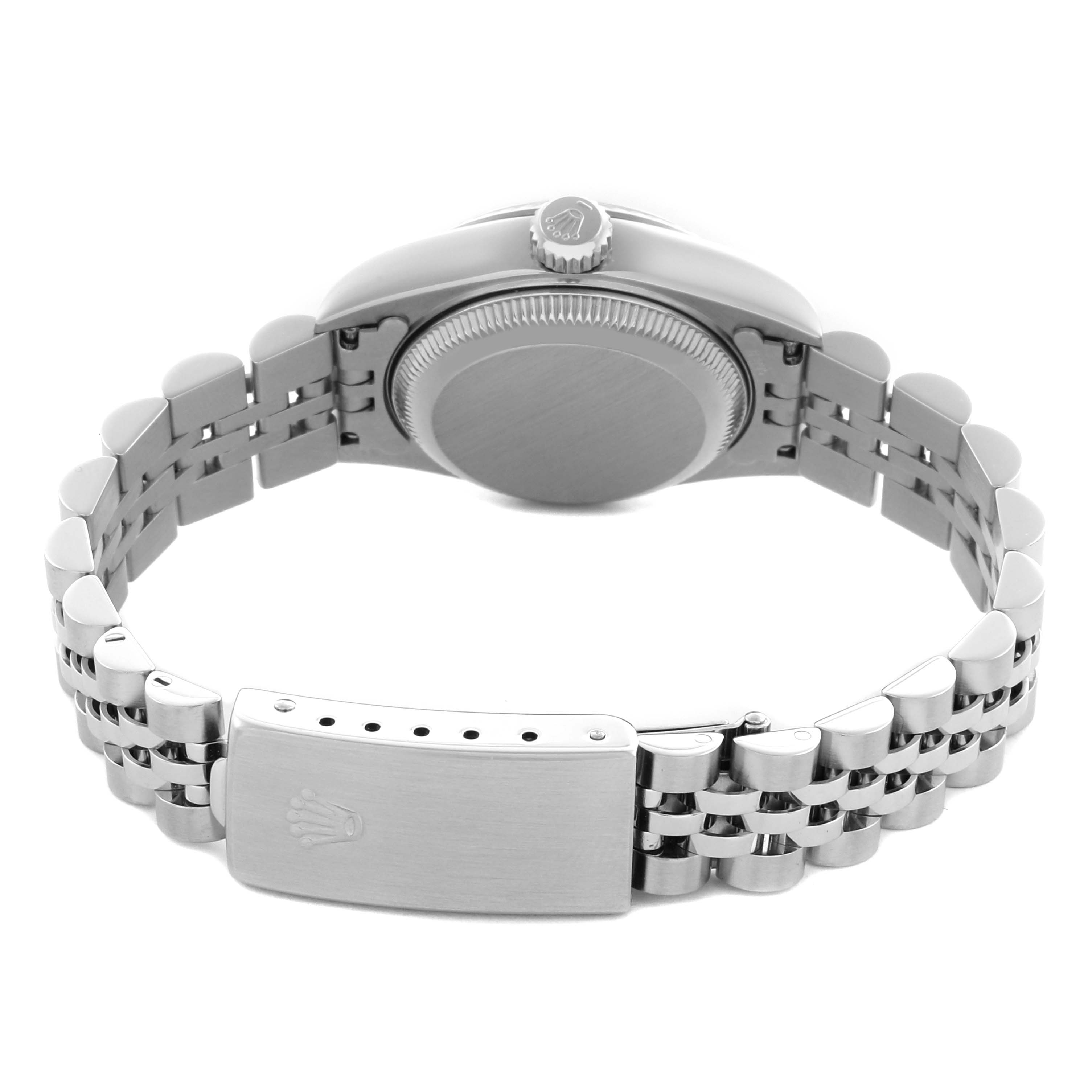 The image shows the back view of a Rolex Datejust 69174 Women's Stainless Steel Blue Dial 69174 Women's Stainless Steel Blue Dial, highlighting its case back and bracelet with clasp.