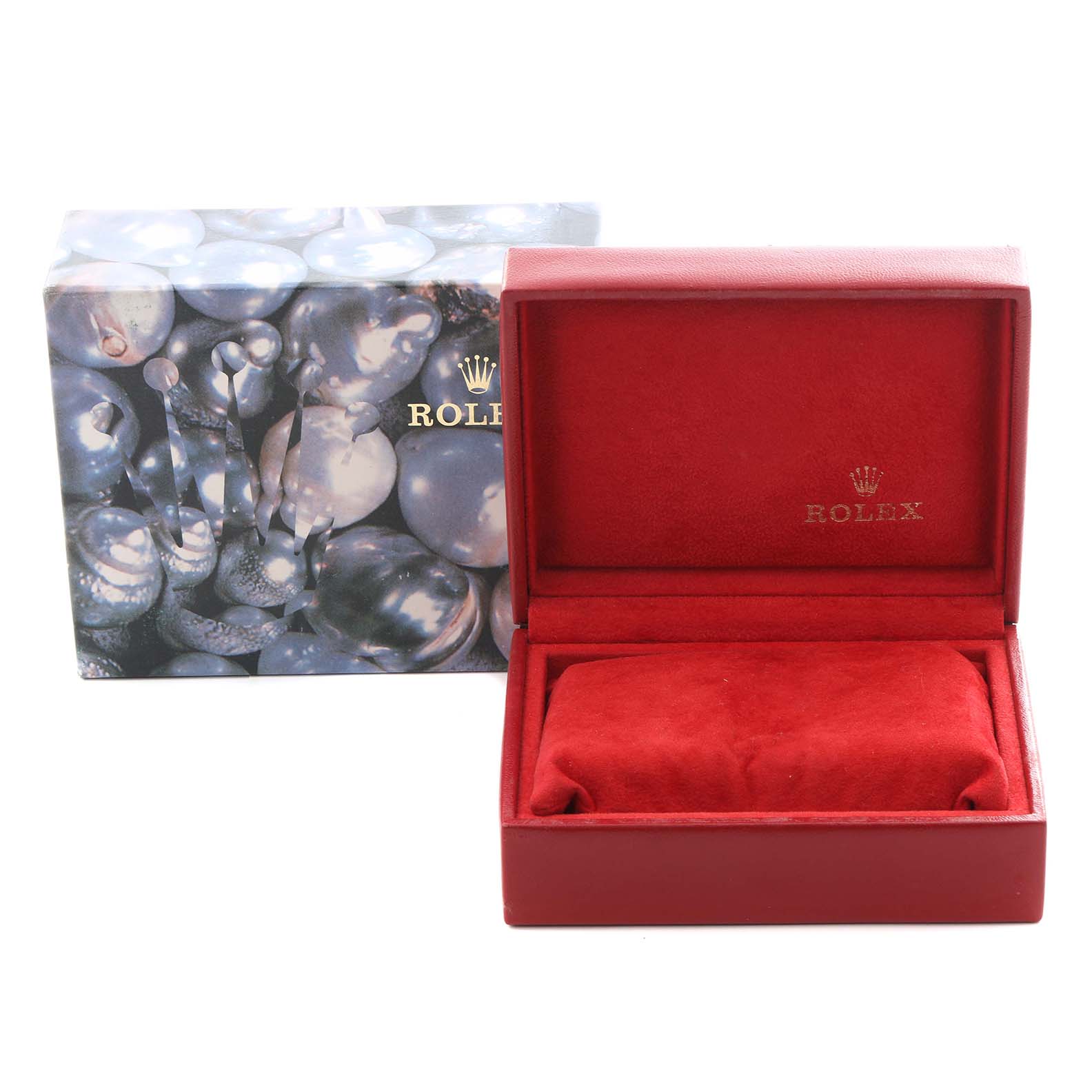 The image shows a Rolex Datejust 69174 Women's Stainless Steel Blue Dial 69174 Women's Stainless Steel Blue Dial watch box, opened with red interior, and a decorative outer box.