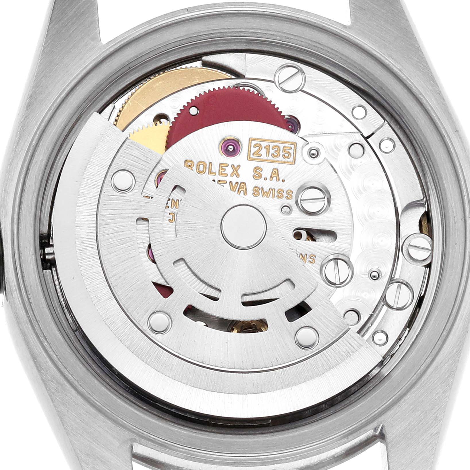 This image shows the movement of a Rolex Datejust 69174 Women's Stainless Steel Blue Dial 69174 Women's Stainless Steel Blue Dial watch from a rear angle, highlighting the rotor and internal mechanics.