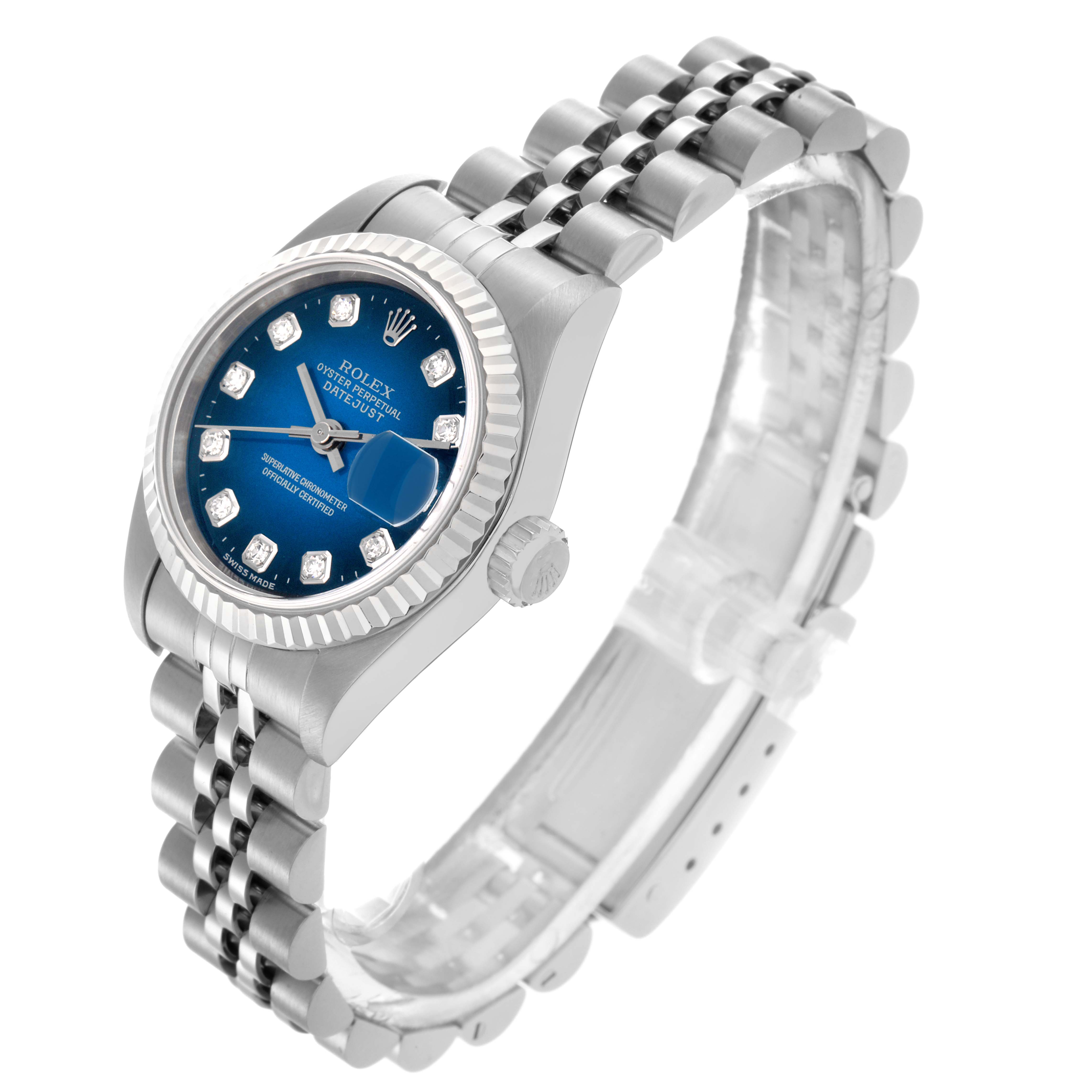 The Rolex Datejust 69174 Women's Stainless Steel Blue Dial 69174 Women's Stainless Steel Blue Dial watch is shown at a three-quarter angle, highlighting the dial, bezel, crown, and bracelet.