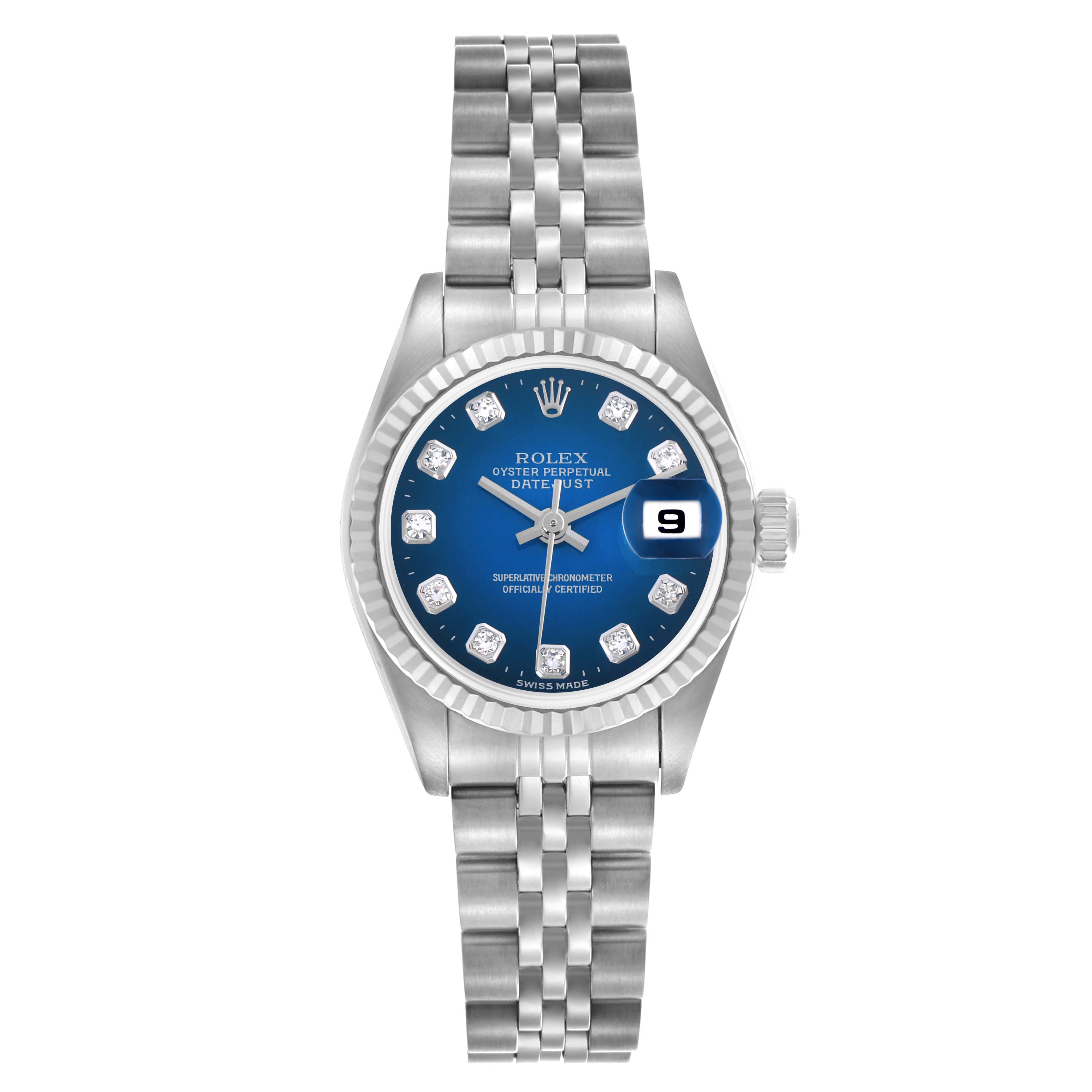 The Rolex Datejust 69174 Women's Stainless Steel Blue Dial 69174 Women's Stainless Steel Blue Dial watch is shown from a top-down angle, displaying its blue dial, fluted bezel, jubilee bracelet, and date window.