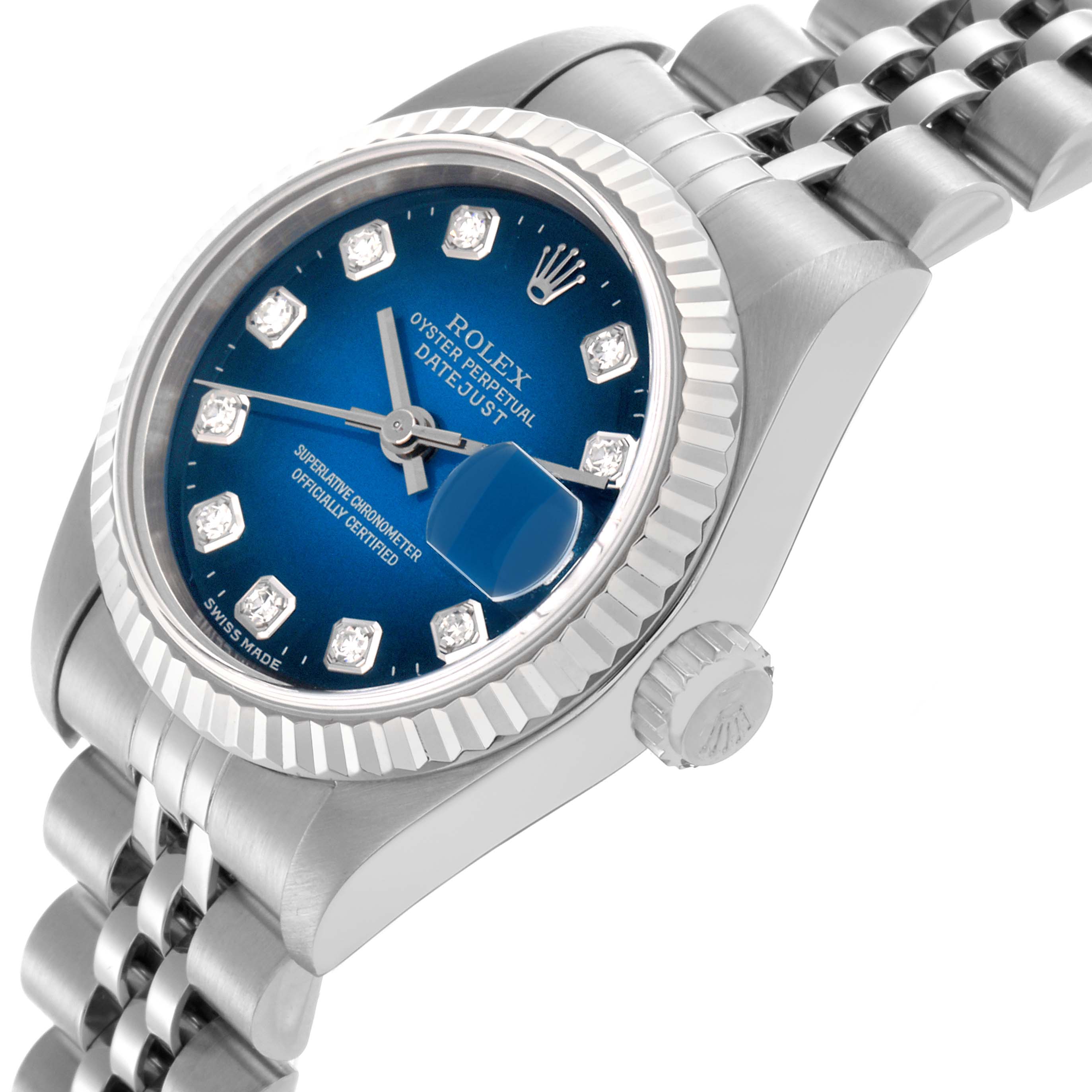The Rolex Datejust 69174 Women's Stainless Steel Blue Dial 69174 Women's Stainless Steel Blue Dial watch is shown at a slight side angle, highlighting the blue dial, diamond hour markers, fluted bezel, and Jubilee bracelet.
