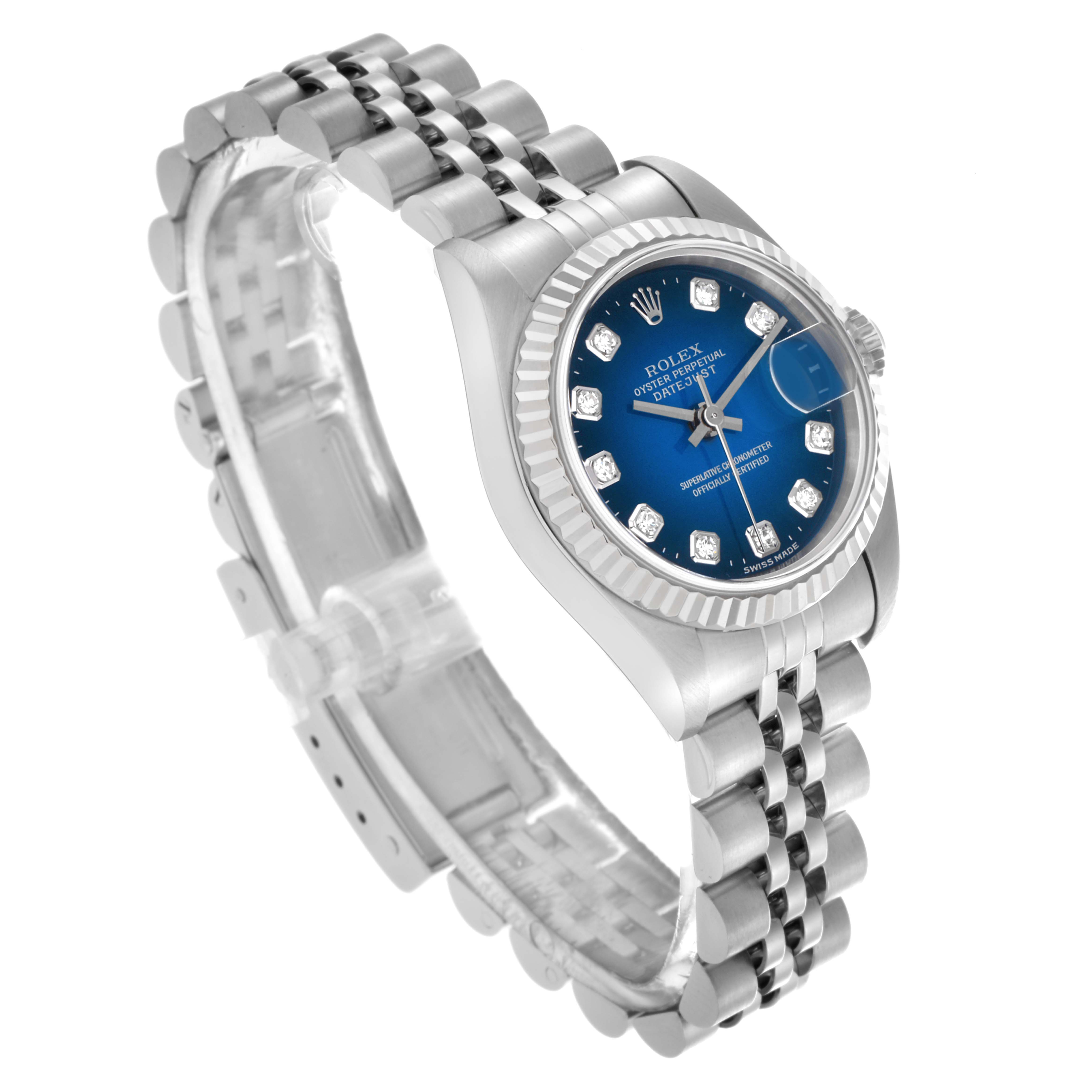 The Rolex Datejust 69174 Women's Stainless Steel Blue Dial 69174 Women's Stainless Steel Blue Dial watch is shown at a three-quarter angle, highlighting its blue dial, fluted bezel, and Jubilee bracelet.