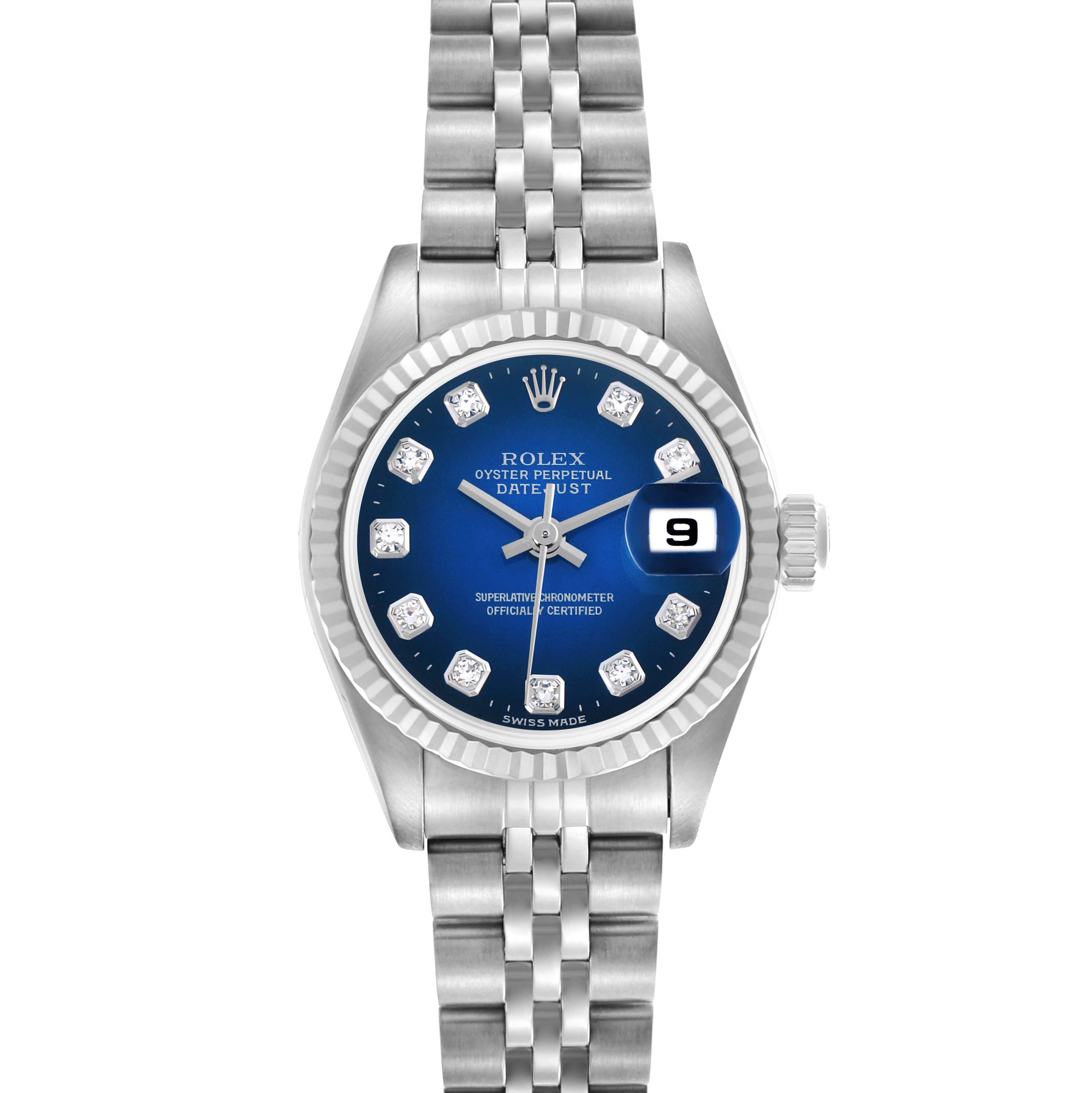 The Rolex Datejust 69174 Women's Stainless Steel Blue Dial 69174 Women's Stainless Steel Blue Dial watch is shown from a top-down angle, displaying the face, bezel, bracelet, and crown.