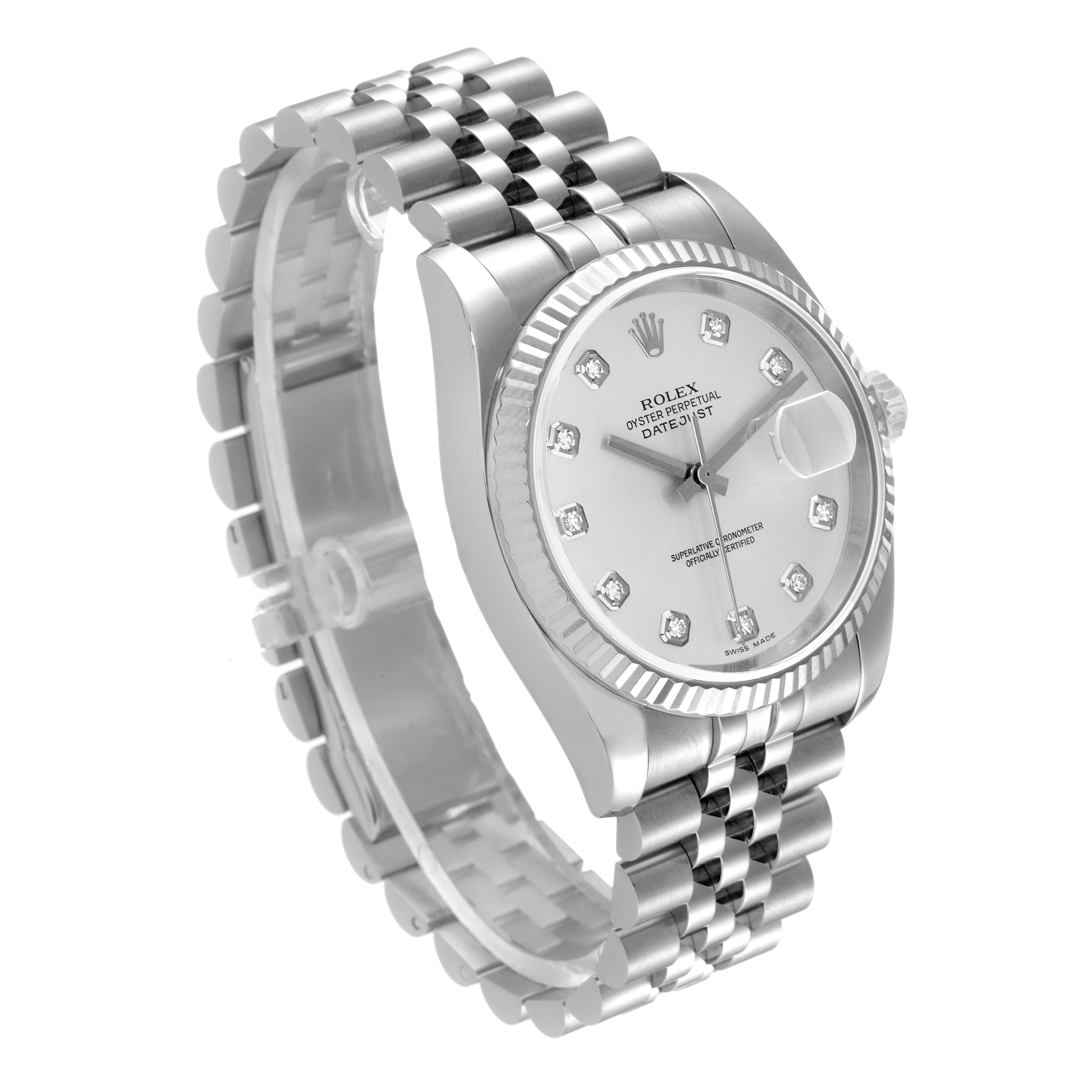 The image shows a Rolex Datejust 116234 Men's Stainless Steel Silver Dial 116234 Men's Stainless Steel Silver Dial watch at a slight angle, highlighting its face, bezel, and bracelet.