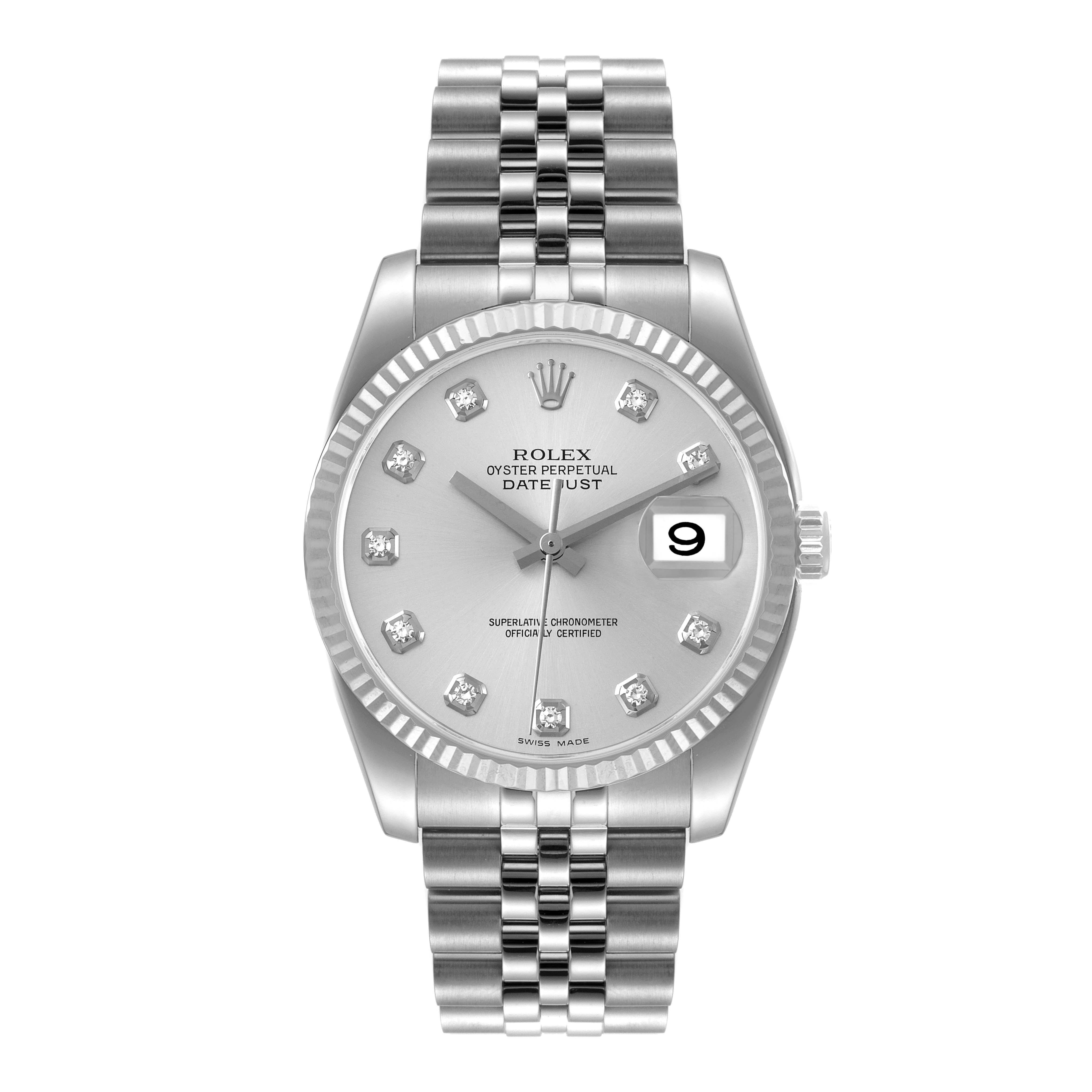 This image shows a front view of the Rolex Datejust 116234 Men's Stainless Steel Silver Dial 116234 Men's Stainless Steel Silver Dial watch, displaying its dial, bracelet, and bezel.