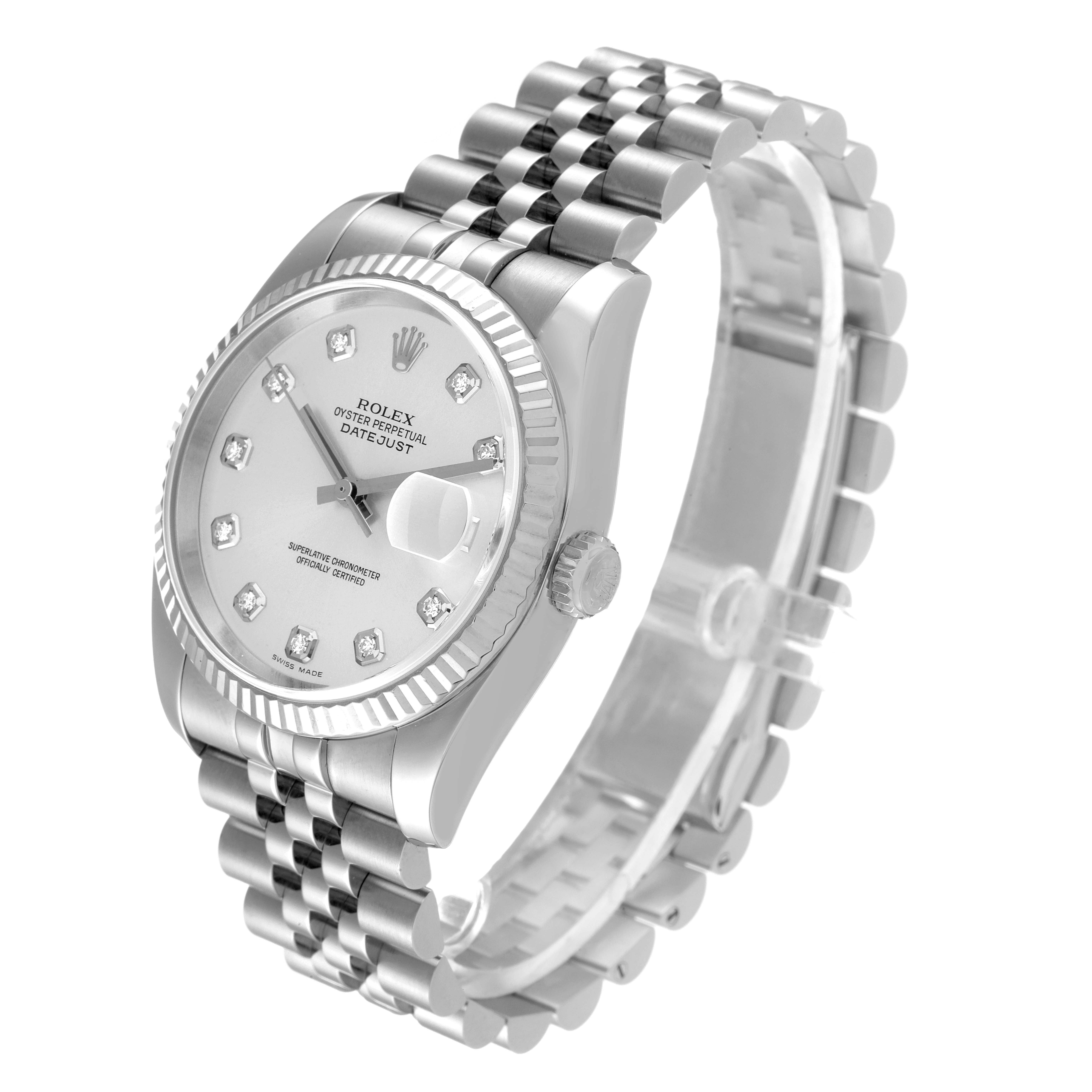 The Rolex Datejust 116234 Men's Stainless Steel Silver Dial 116234 Men's Stainless Steel Silver Dial watch is shown at a slightly angled side view, displaying the dial, bezel, case, crown, and bracelet.