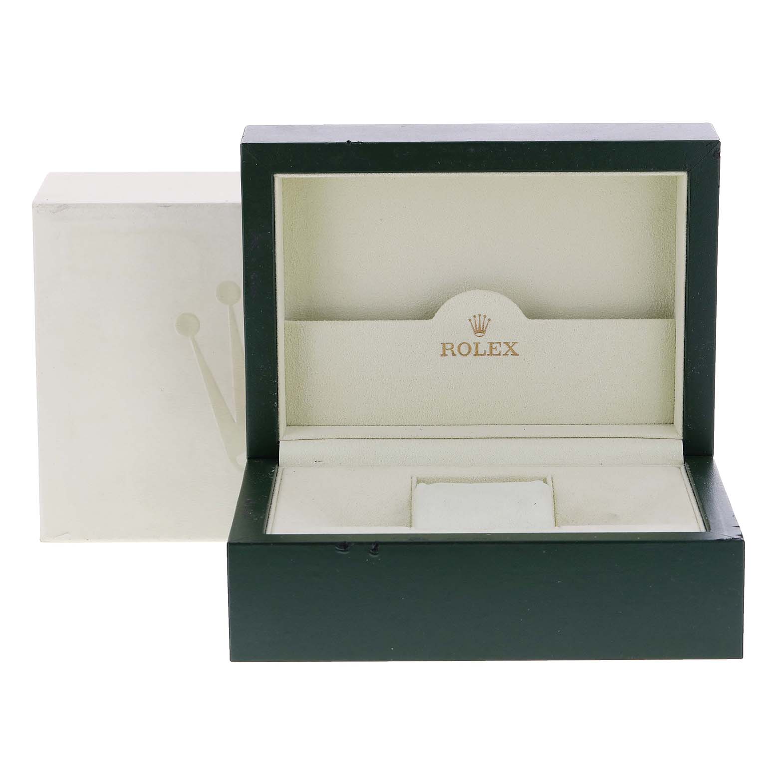 The image shows an angled view of an open Rolex Datejust 116234 Men's Stainless Steel Silver Dial 116234 Men's Stainless Steel Silver Dial watch box, displaying its interior and exterior.