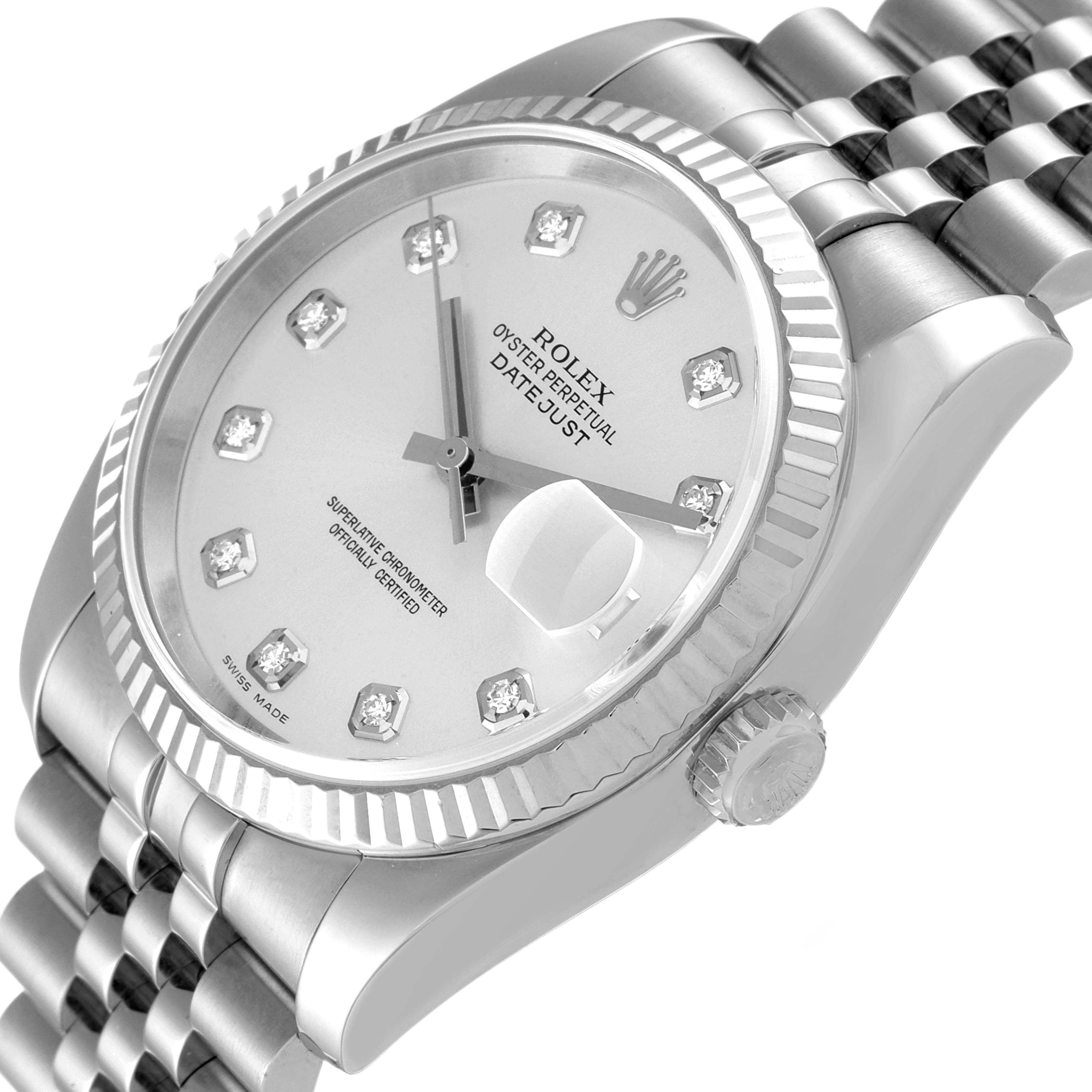 The image shows a Rolex Datejust 116234 Men's Stainless Steel Silver Dial 116234 Men's Stainless Steel Silver Dial watch at a slight angle, highlighting the face, bezel, crown, and part of the bracelet.