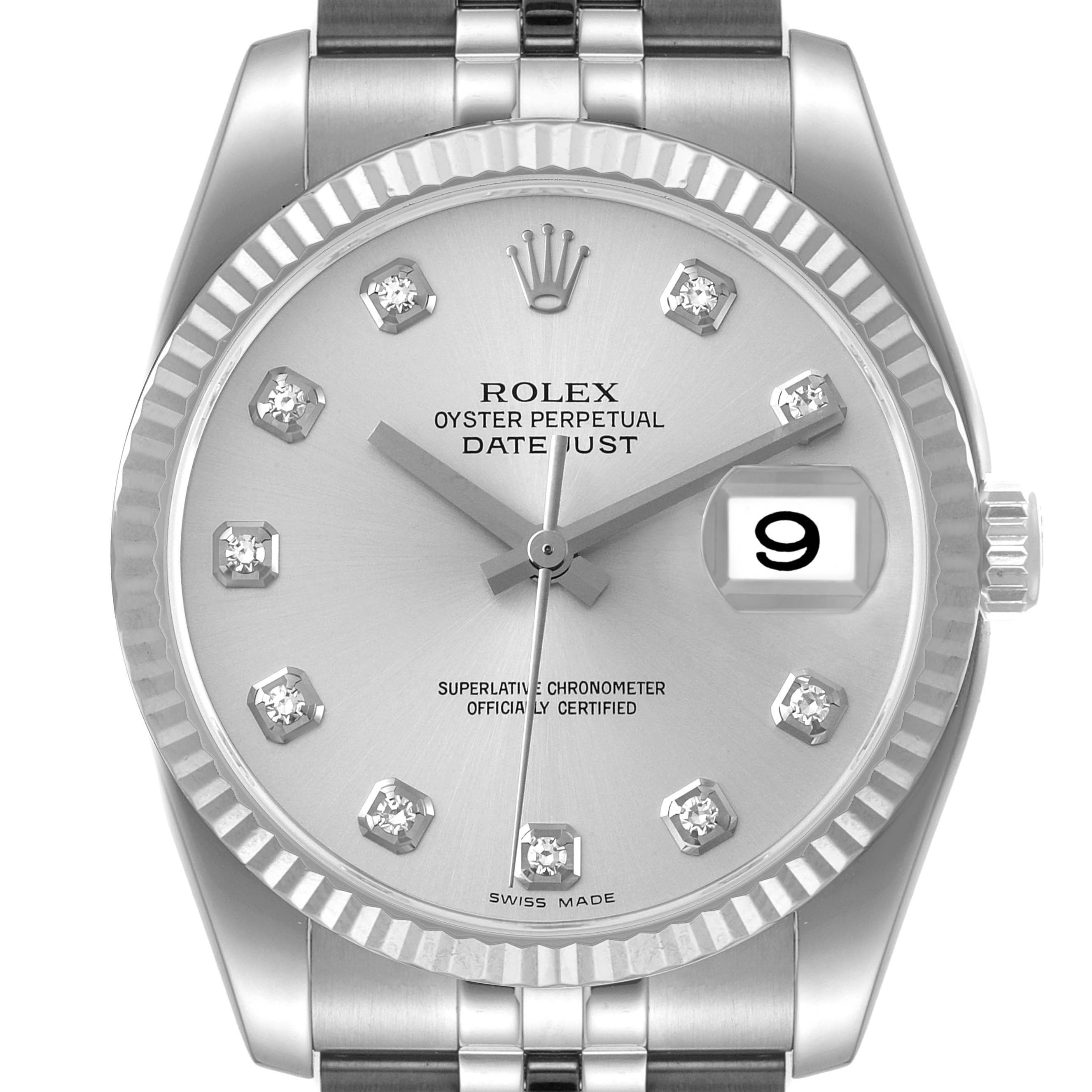This image shows a front view of the Rolex Datejust 116234 Men's Stainless Steel Silver Dial 116234 Men's Stainless Steel Silver Dial watch, highlighting its dial, bezel, and bracelet top.