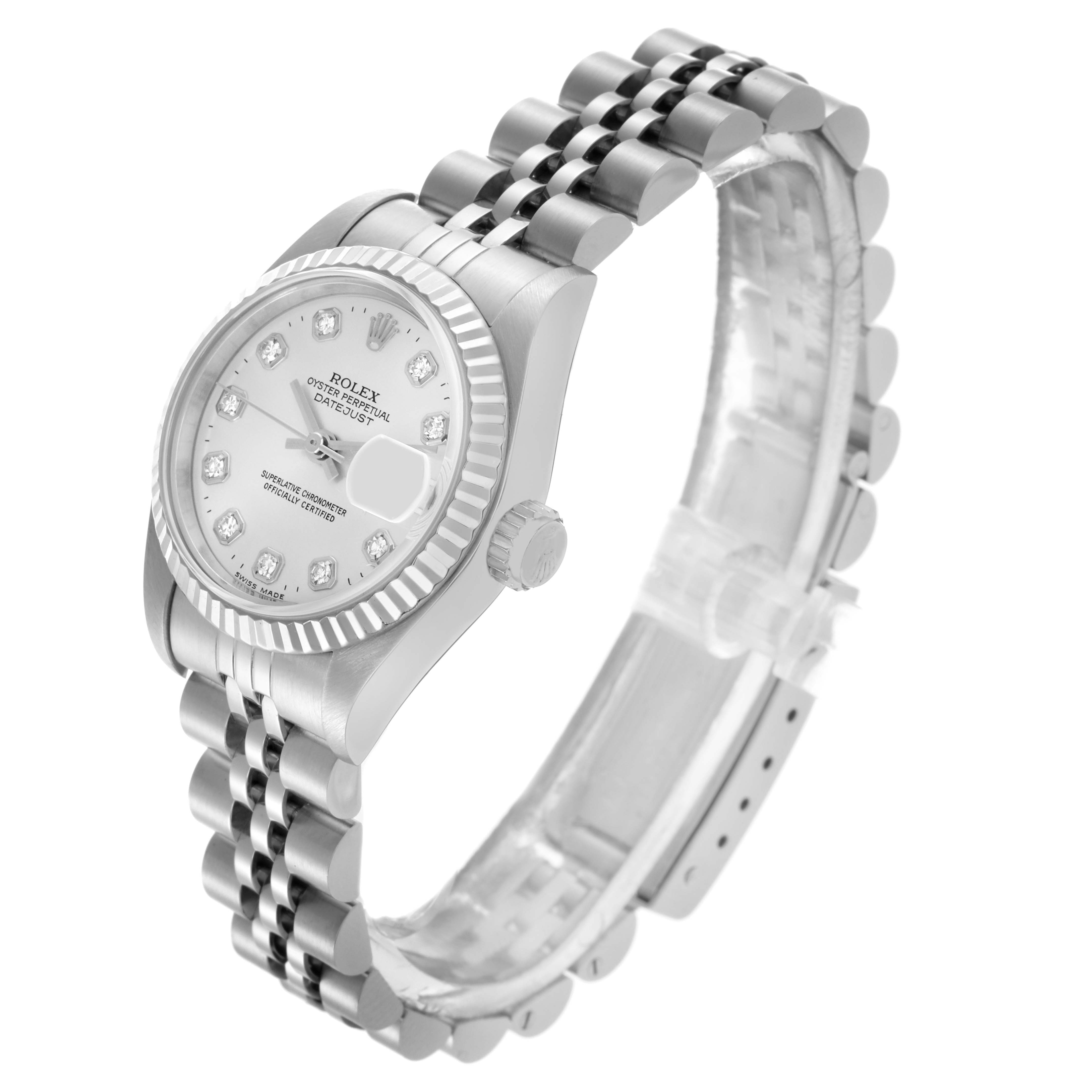 The Rolex Datejust 69174 Women's Stainless Steel Silver Dial 69174 Women's Stainless Steel Silver Dial watch is viewed from an angled perspective, showing the face, crown, and part of the bracelet.
