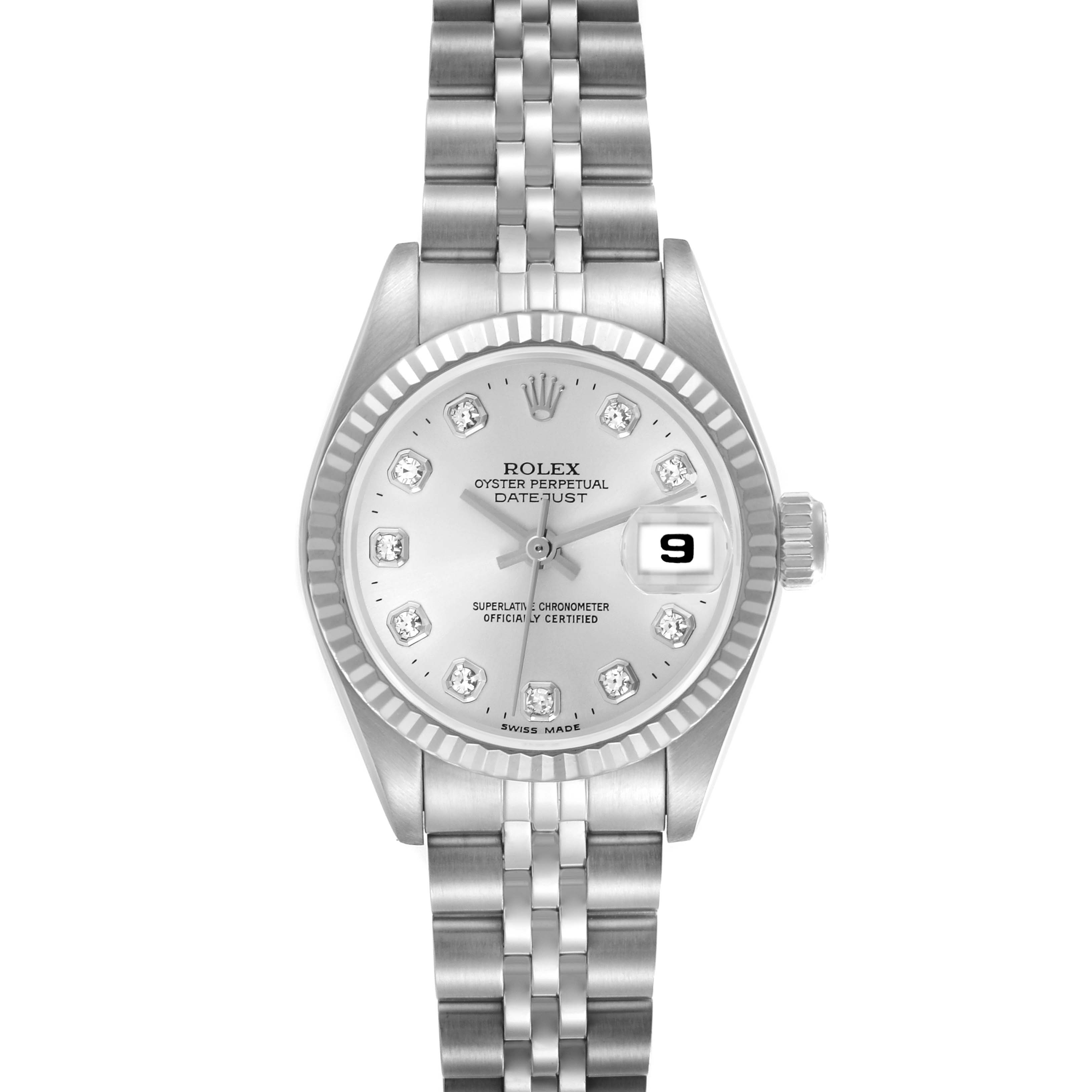 The Rolex Datejust 69174 Women's Stainless Steel Silver Dial 69174 Women's Stainless Steel Silver Dial watch is shown from a front angle, displaying the face, fluted bezel, dial, and Jubilee bracelet.