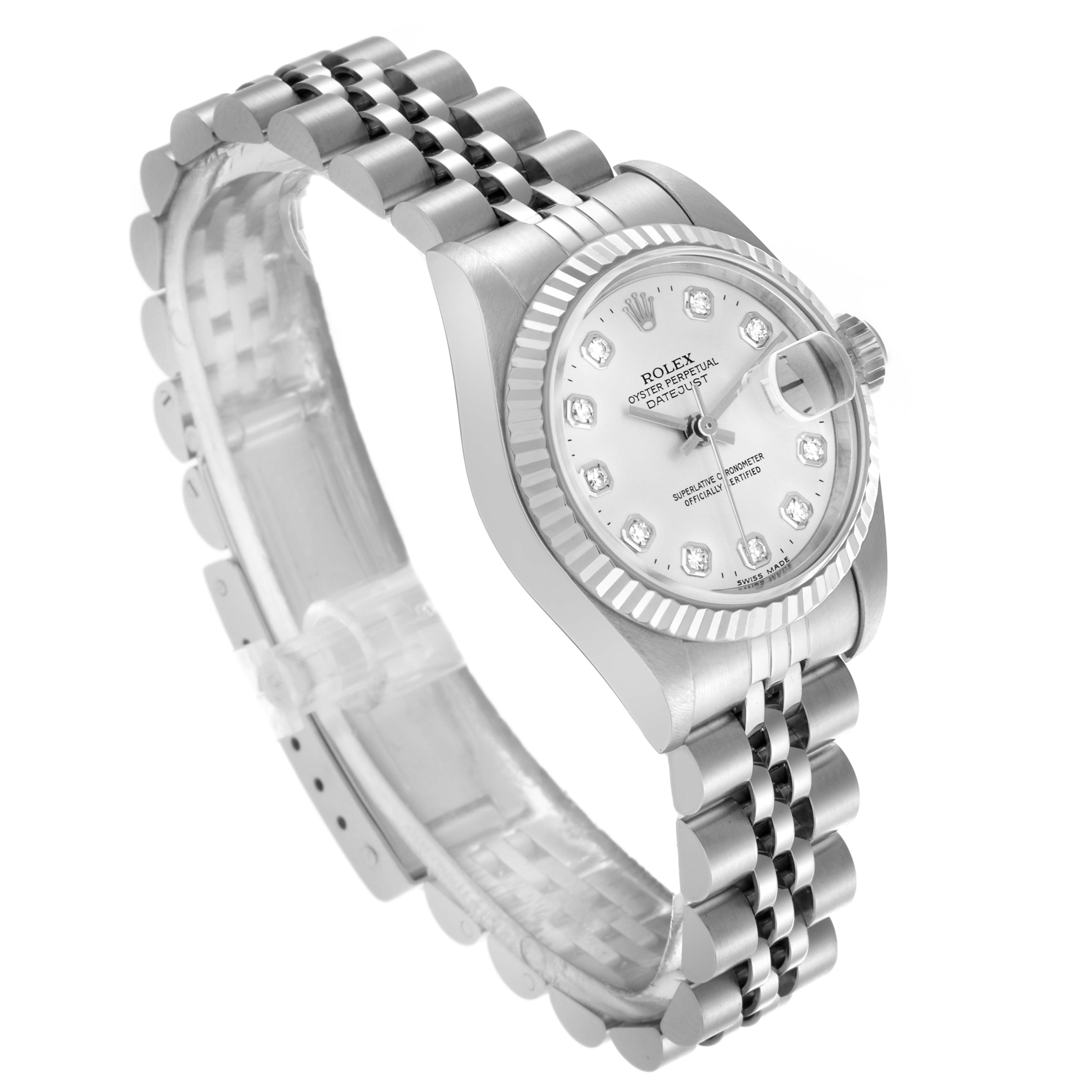 The Rolex Datejust 69174 Women's Stainless Steel Silver Dial 69174 Women's Stainless Steel Silver Dial watch is shown at an angled side view, displaying the face, fluted bezel, and Jubilee bracelet.